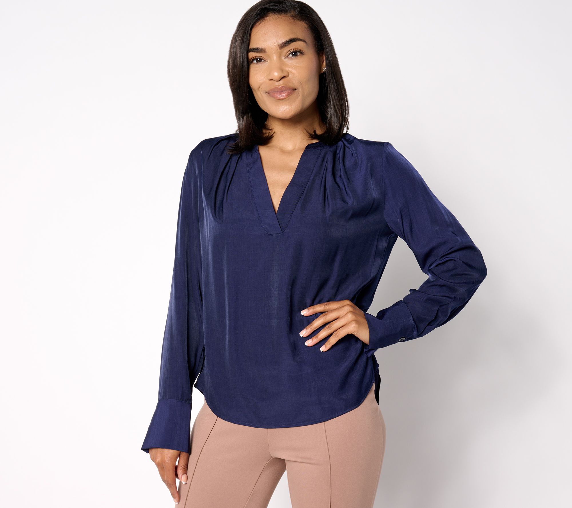 "As Is" BEAUTIFUL by Lawrence Zarian Pleated Split V-Neck Blouse
