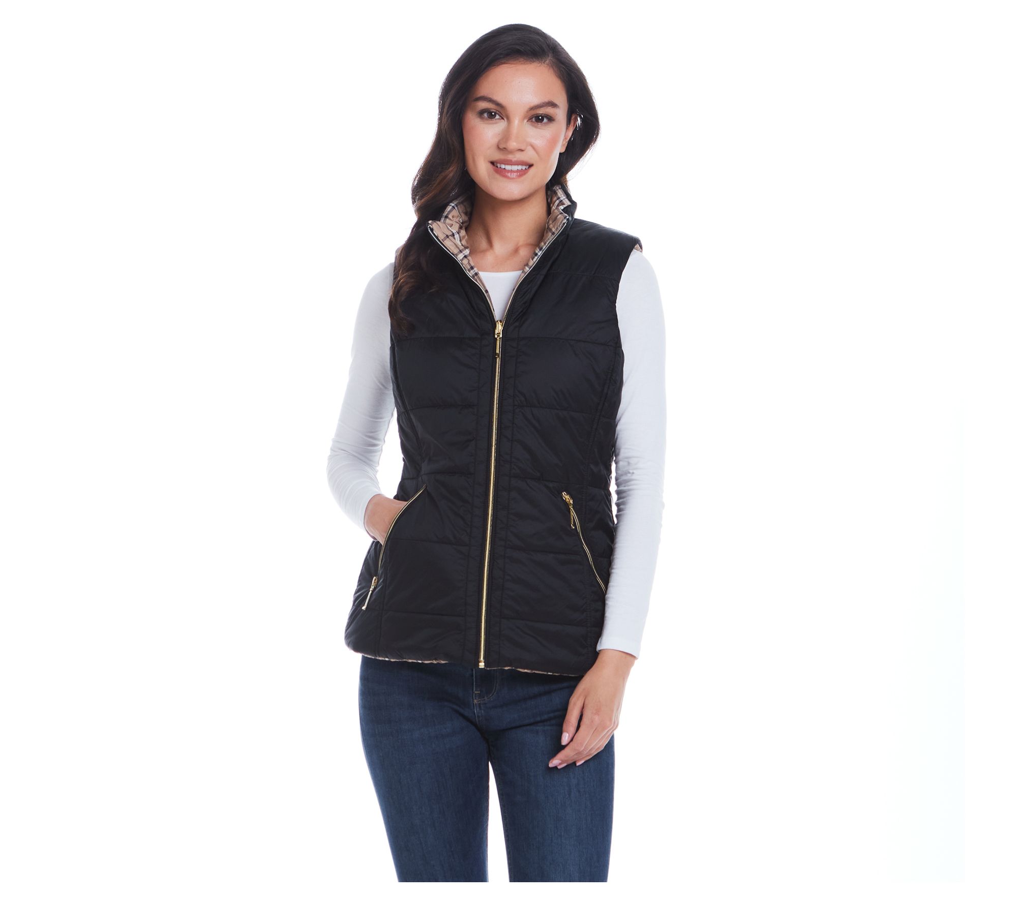 Weatherproof Reversible Plaid Puffer Quilted Ve st