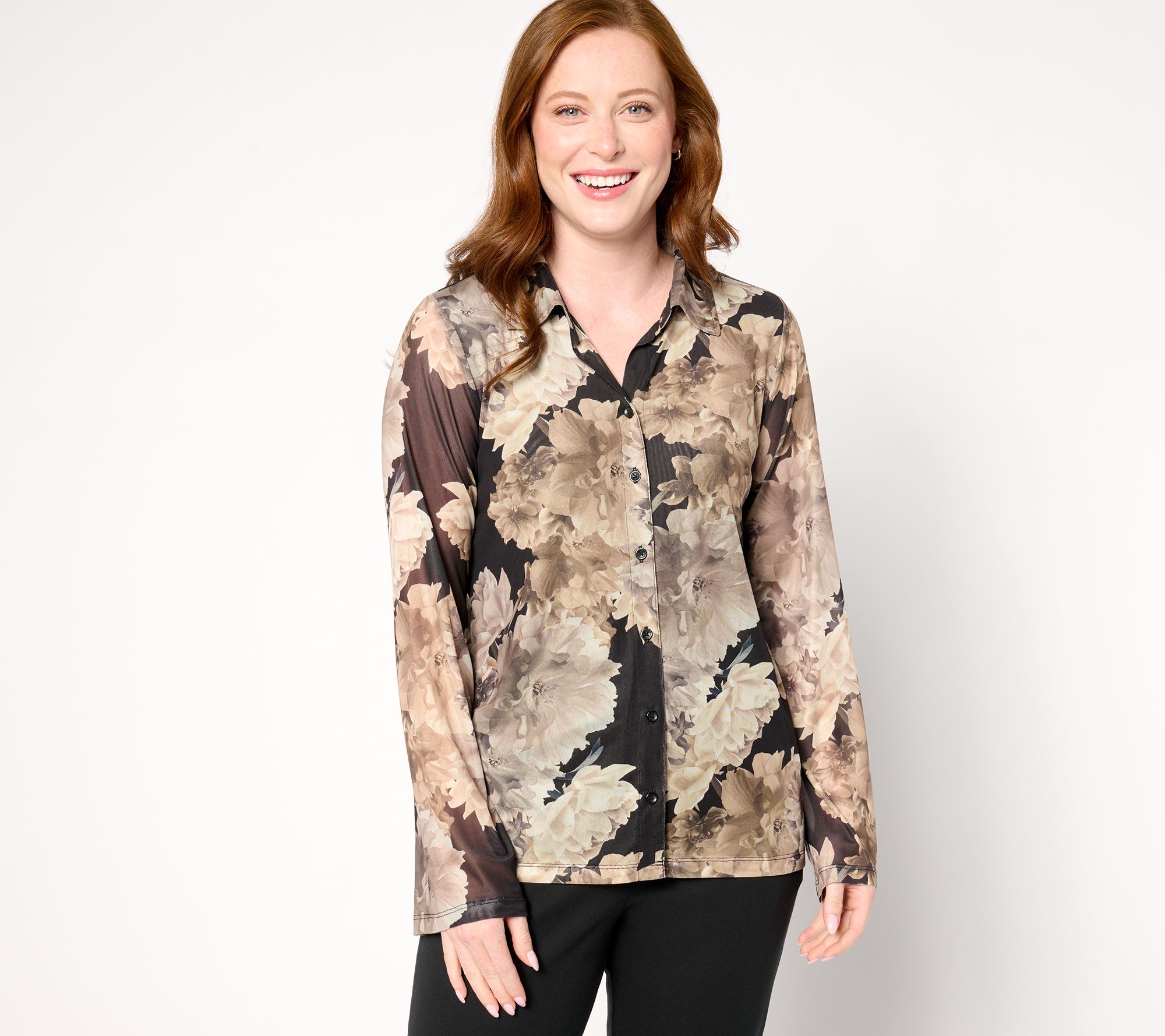 "As Is" Isaac Mizrahi Live! Printed Mesh Long Sleeve Button Shirt