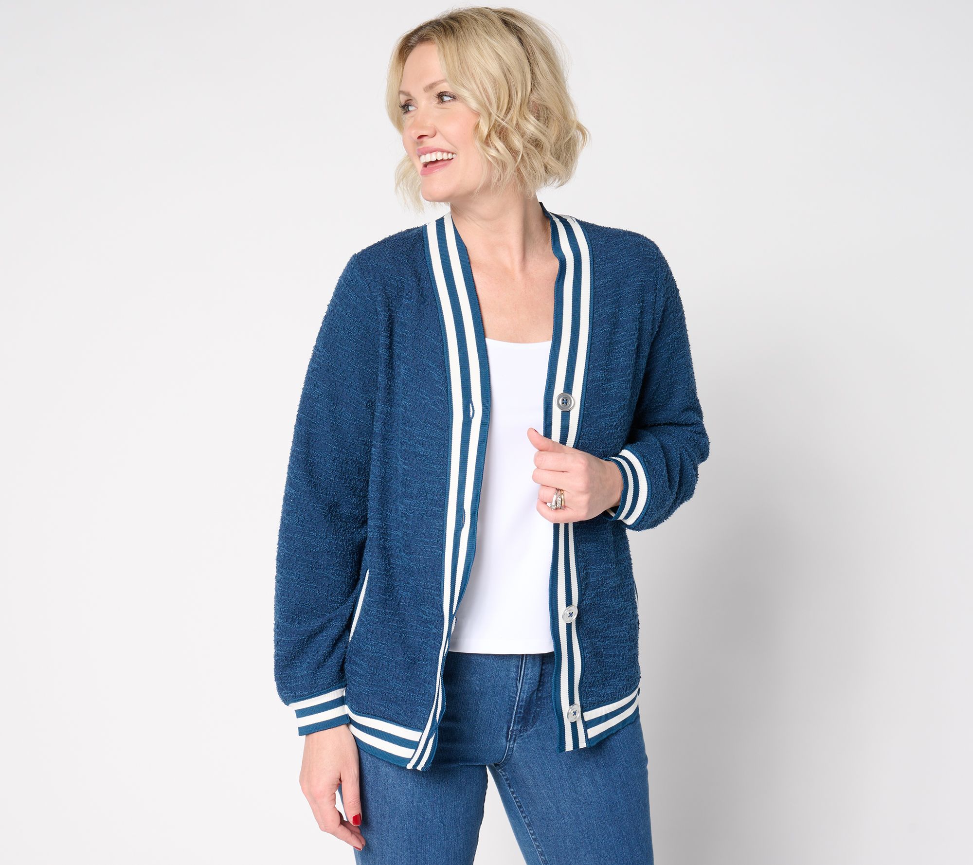 BEAUTIFUL by Lawrence Zarian Blouson Sleeve Striped Trim Cardigan