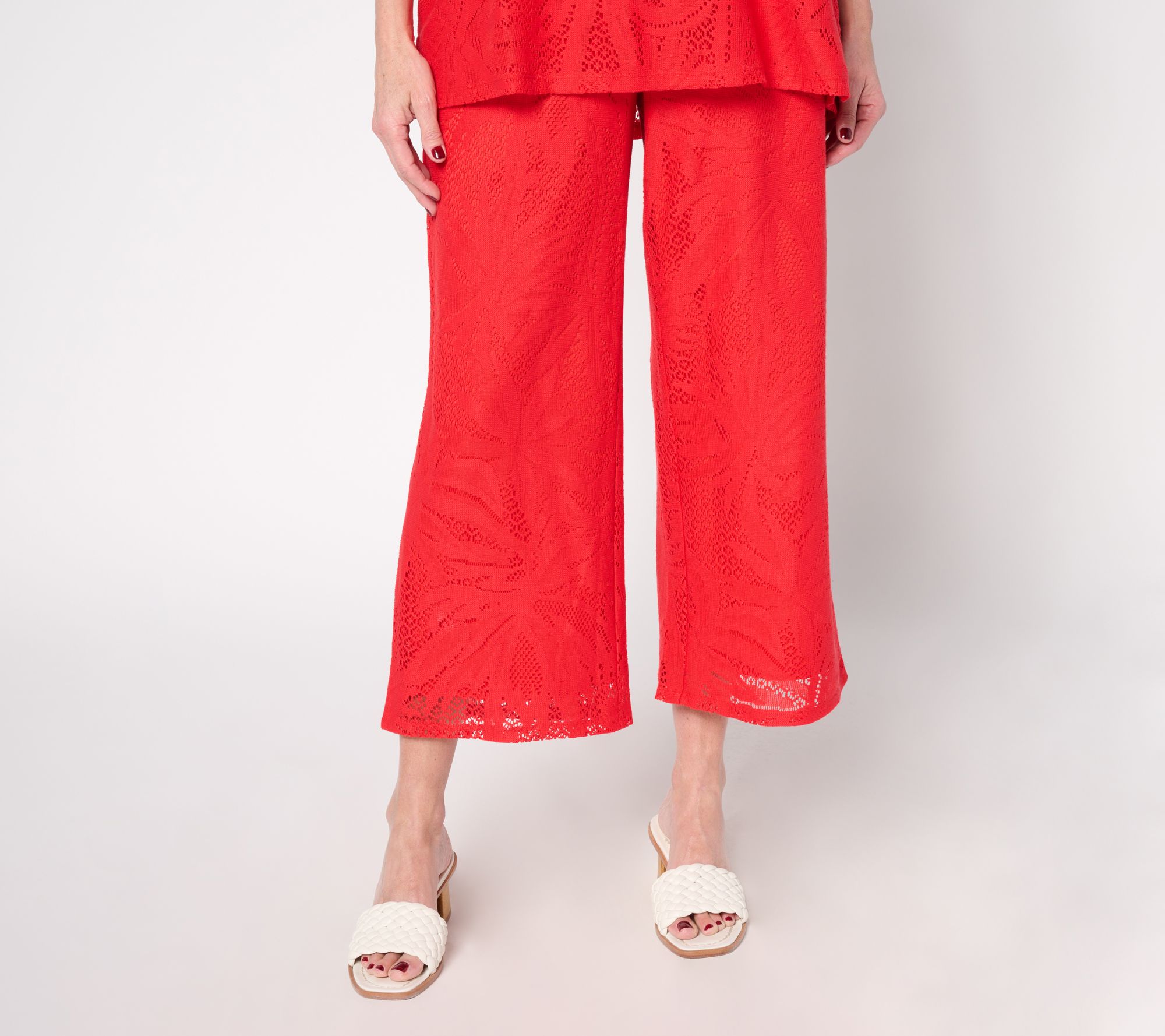 Susan Graver Soleil Petite Lace Knit Wide-Leg Crop Pant