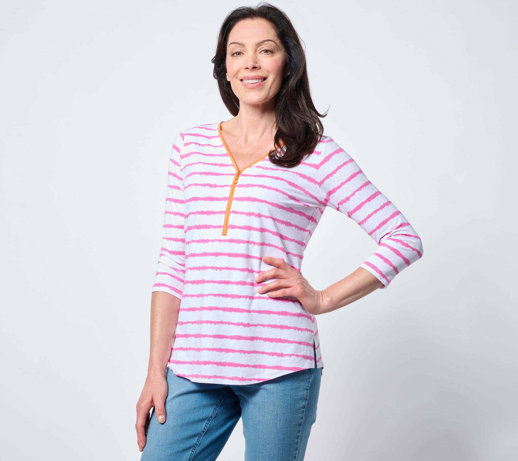 Belle by Kim Gravel Signature Zip Pop of Neon Striped Top