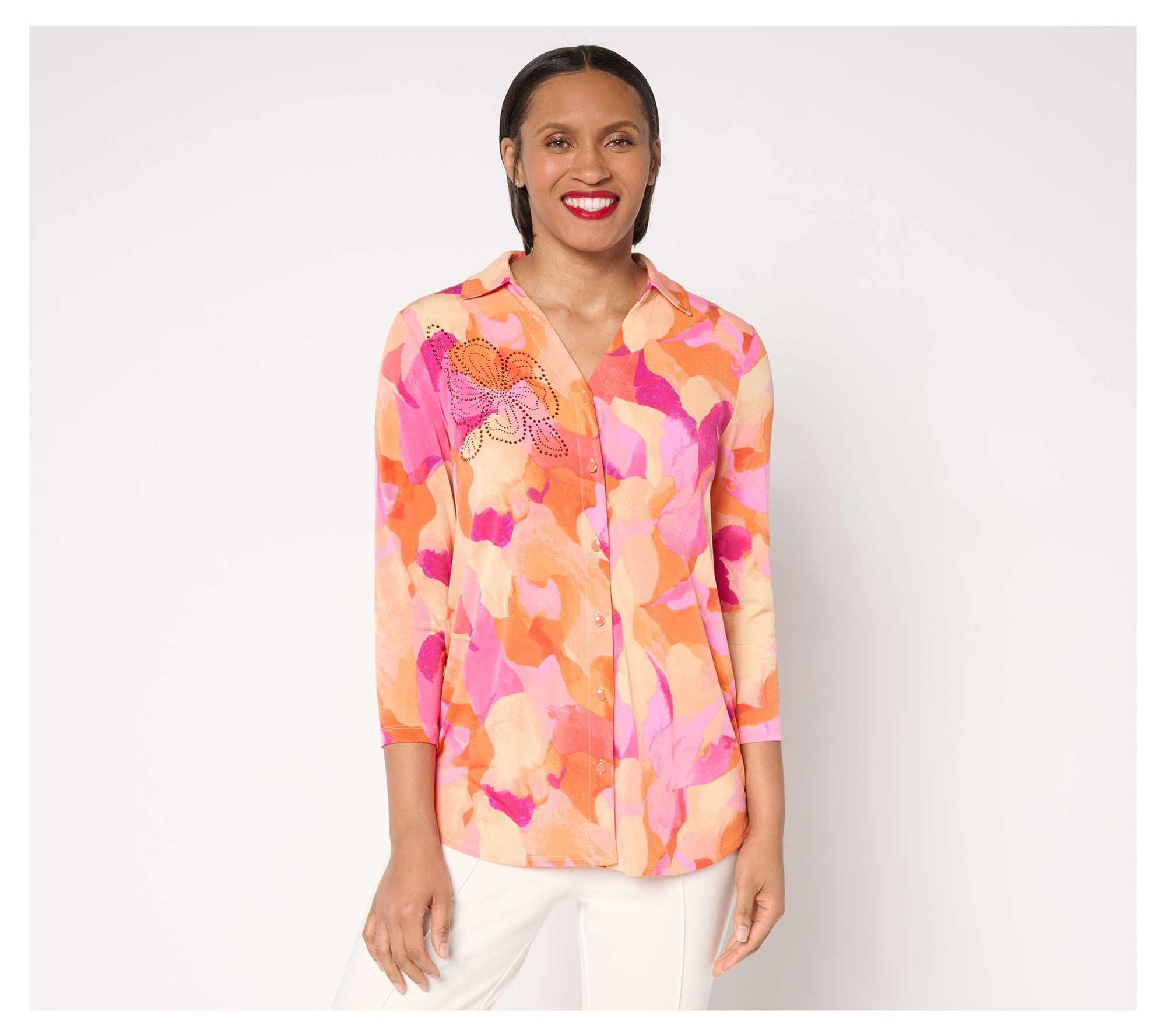 Susan Graver Petite Printed Liquid Knit Tunic w/ Embellishment