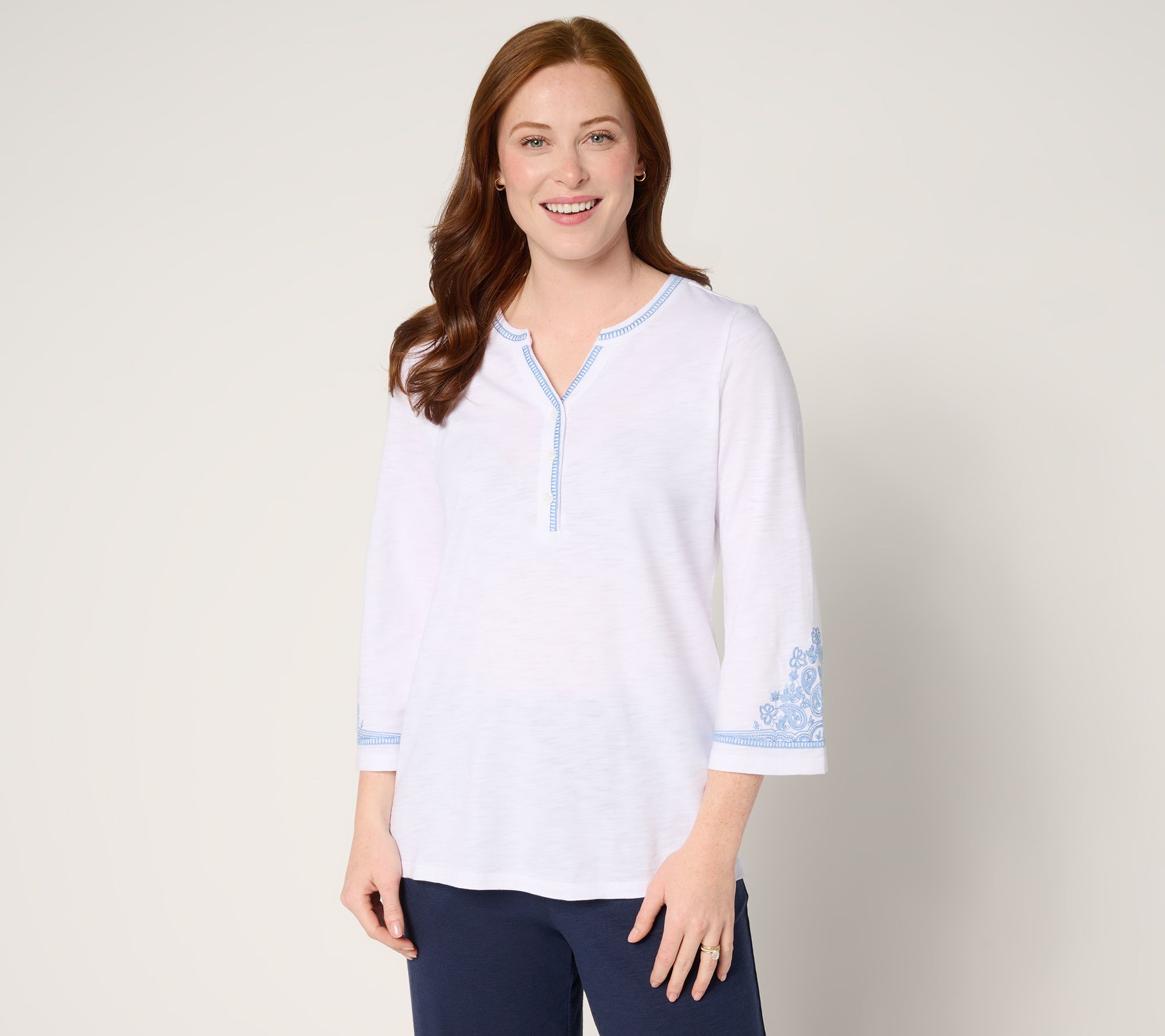 Belle by Kim Gravel Slub Knit Embroidered Sleeve Henley