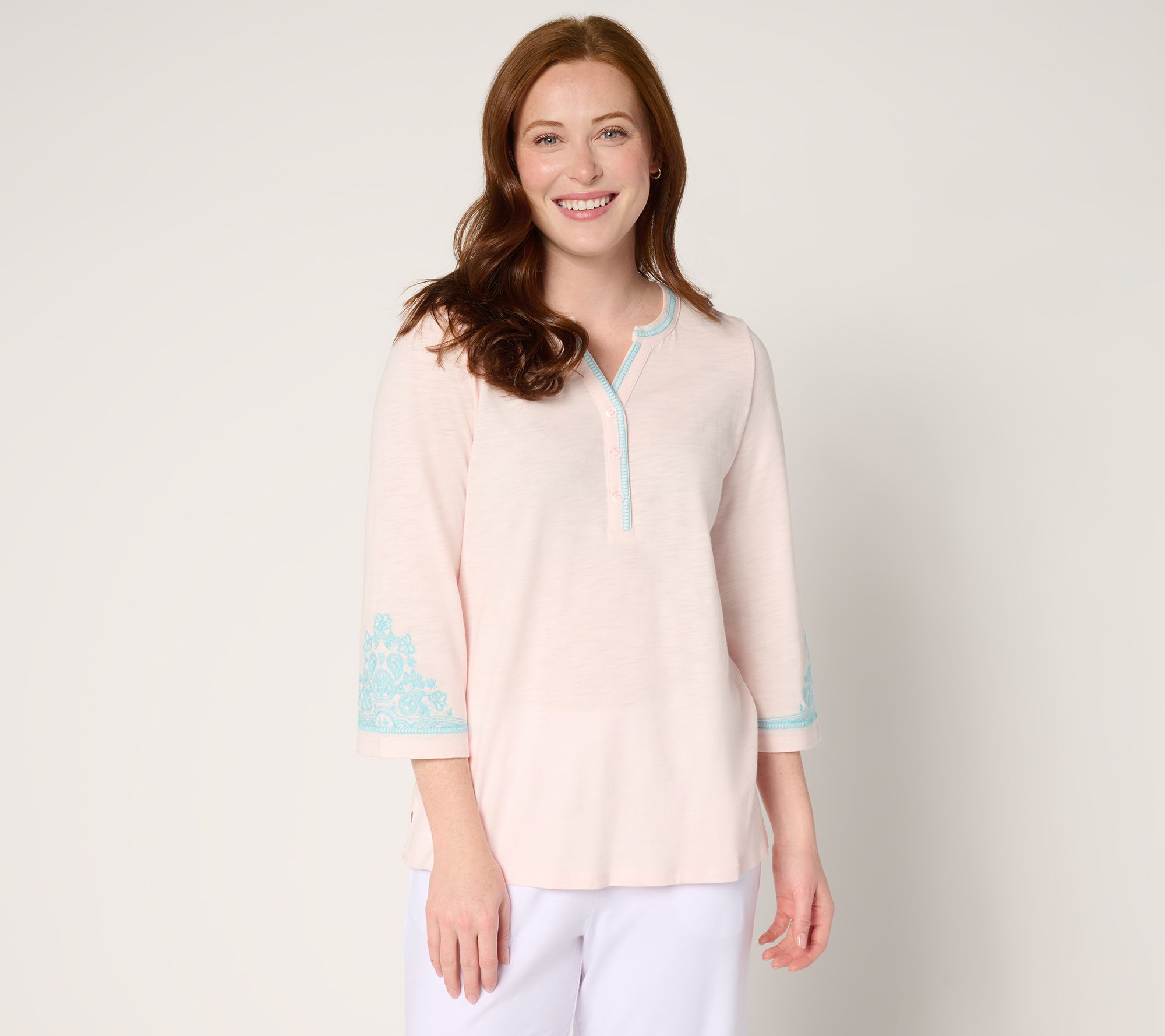 Belle by Kim Gravel Slub Knit Embroidered Sleeve Henley