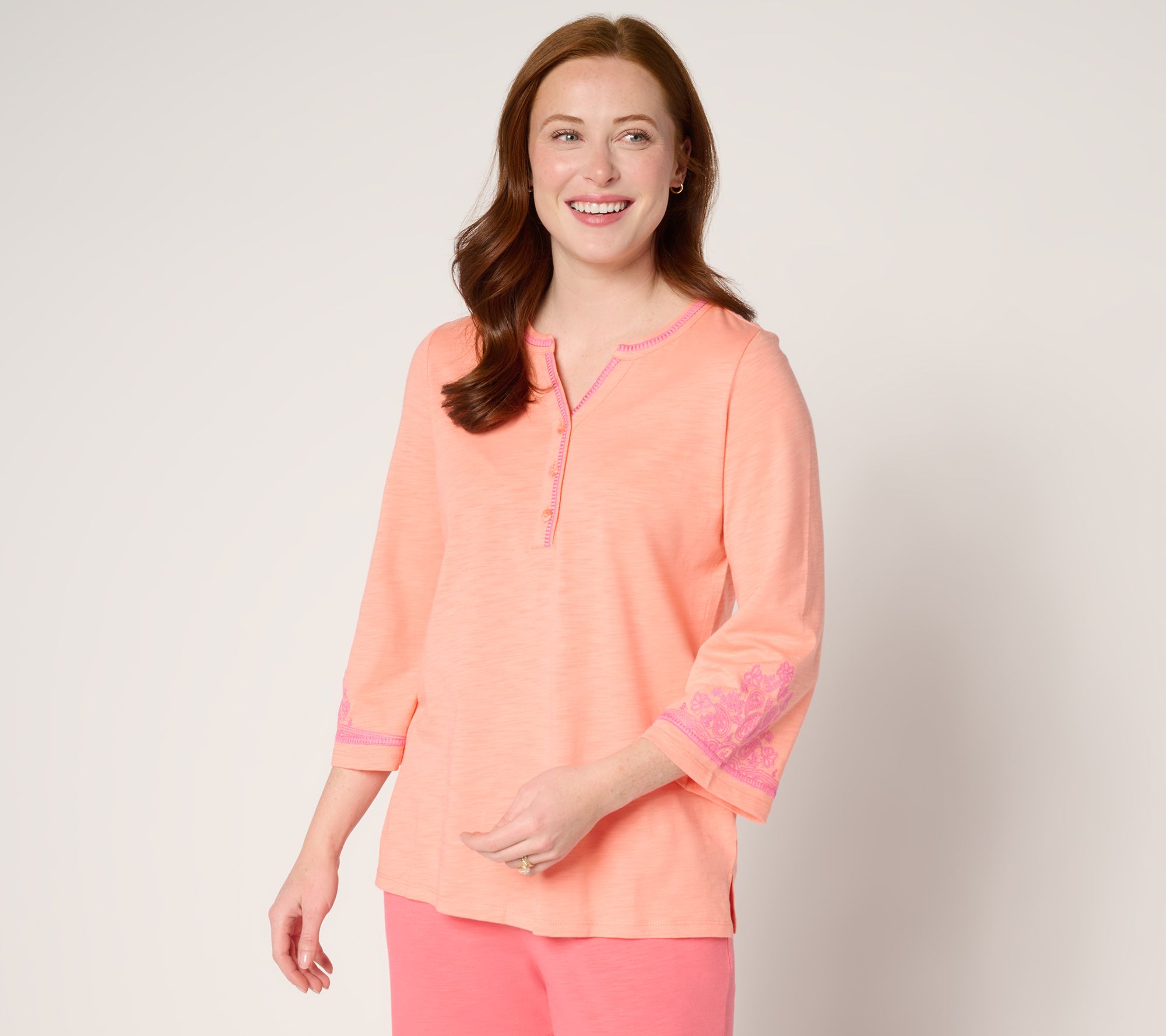 Belle by Kim Gravel Slub Knit Embroidered Sleeve Henley