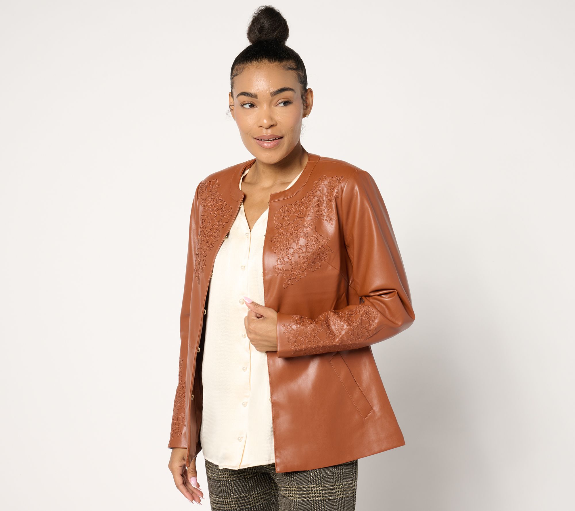"As Is" Isaac Mizrahi Live! Embroidered Faux Leather Jacket