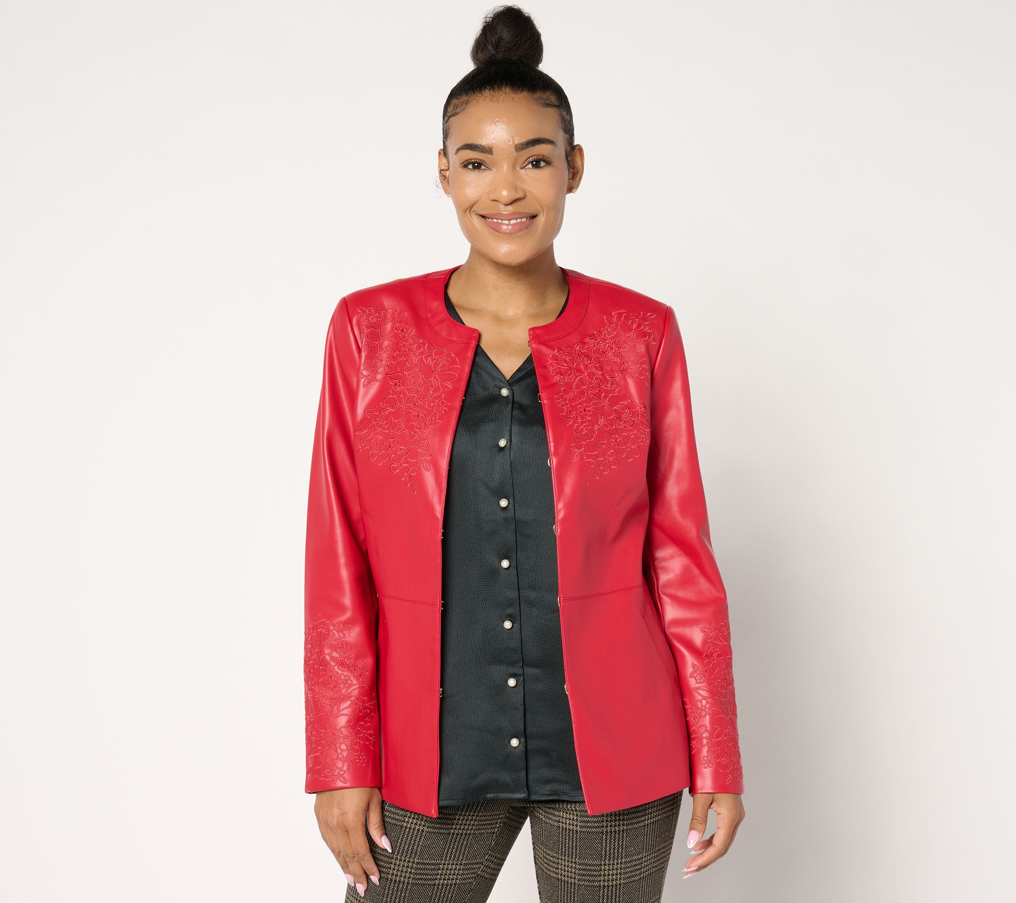 "As Is" Isaac Mizrahi Live! Embroidered Faux Leather Jacket