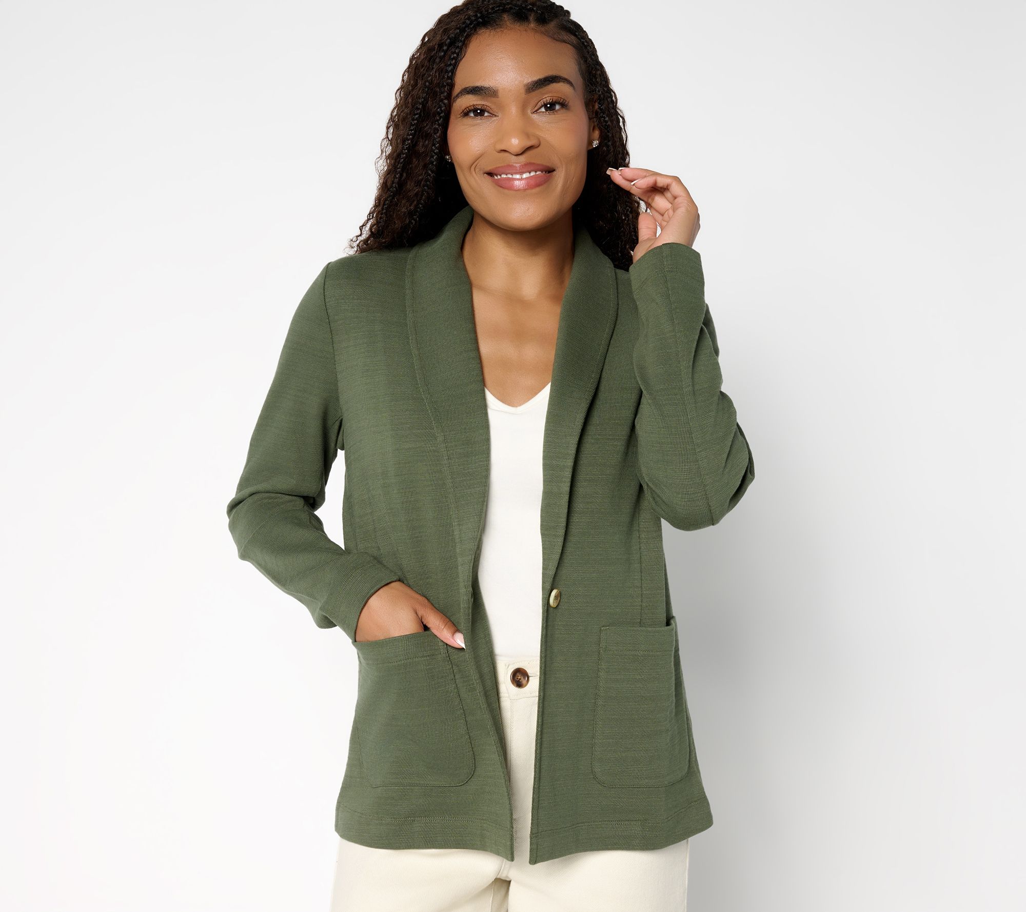 Denim & Co. Textured Cotton Button Front Blazer with Pockets