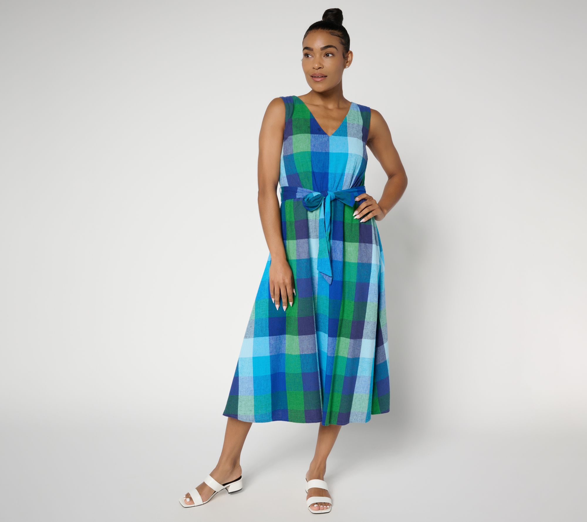 Isaac Mizrahi Live! Madras Plaid Midi Dress w/ Self Tie Belt | QVC