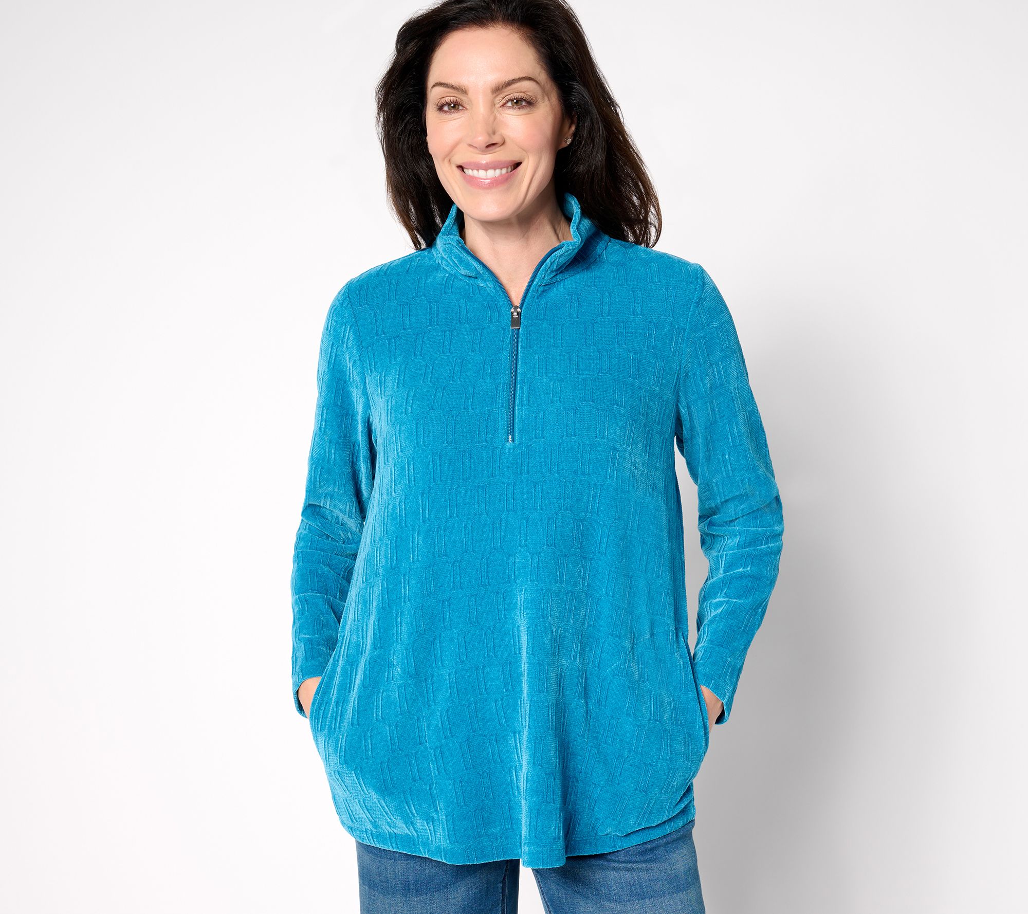 "As Is" Denim & Co. Petite Half Zip Textured Knit Tunic