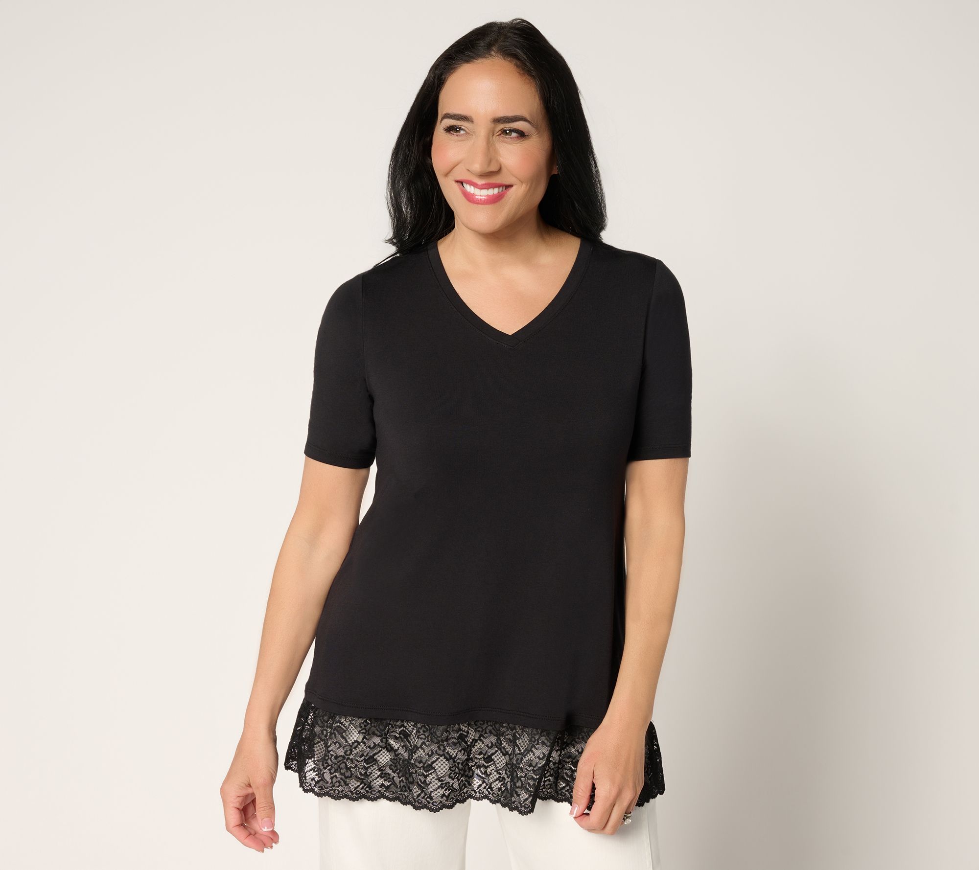 LOGO Layers by Lori Goldstein Elbow Sleeve Lace Hem Top