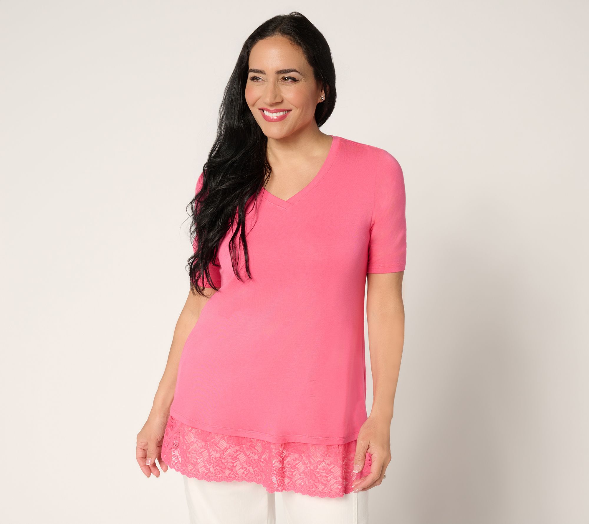 LOGO Layers by Lori Goldstein Elbow Sleeve Lace Hem Top