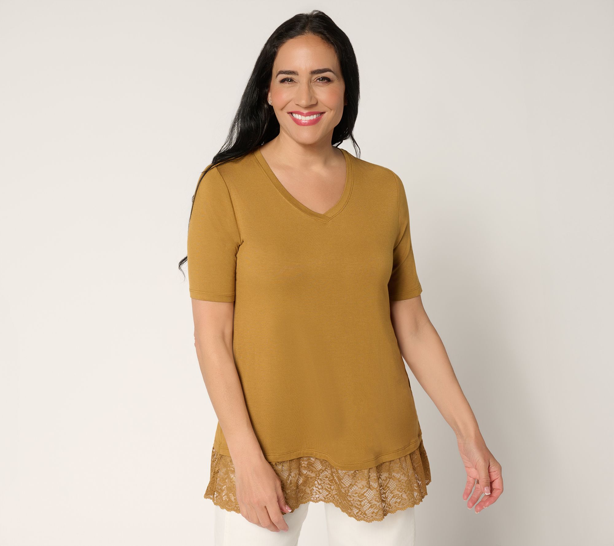 LOGO Layers by Lori Goldstein Elbow Sleeve Lace Hem Top