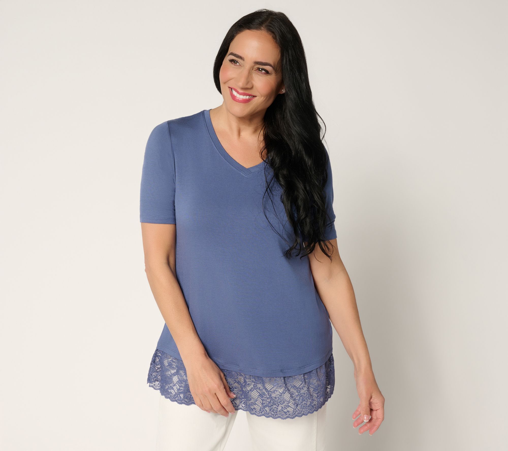 LOGO Layers by Lori Goldstein Elbow Sleeve Lace Hem Top