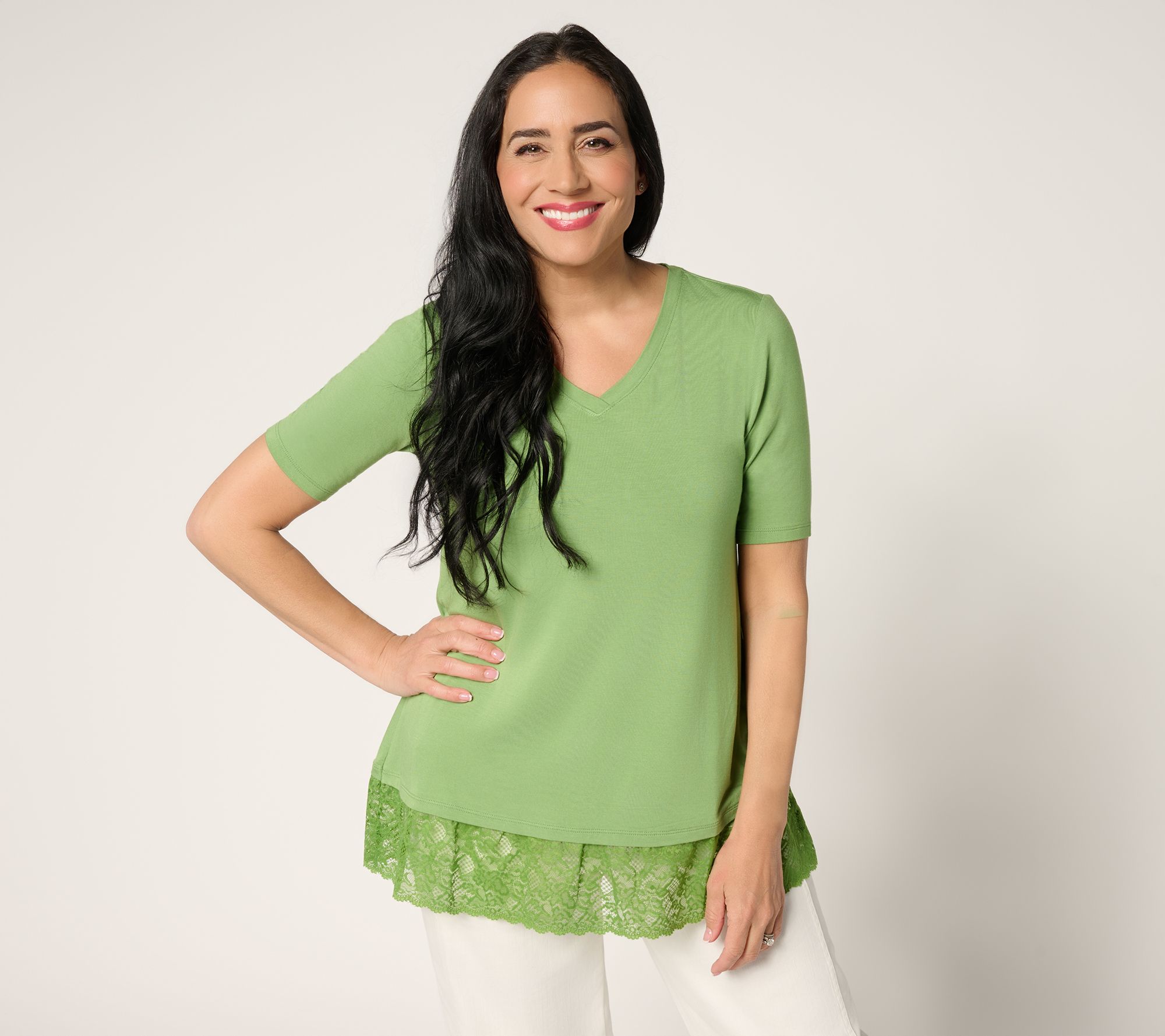 LOGO Layers by Lori Goldstein Elbow Sleeve Lace Hem Top