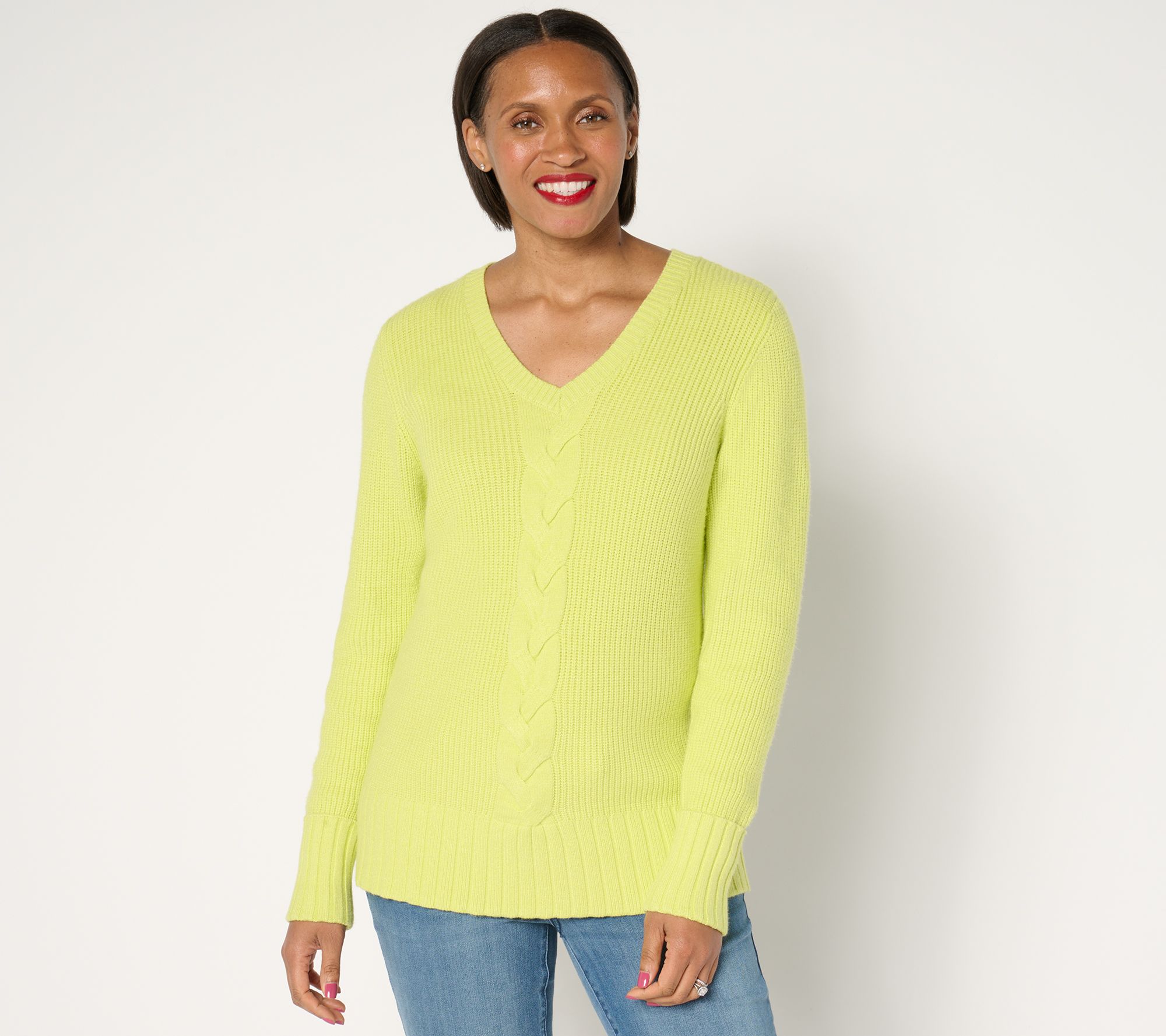 "As Is" Denim & Co.Soft Knit V-Neck Cable Sweater