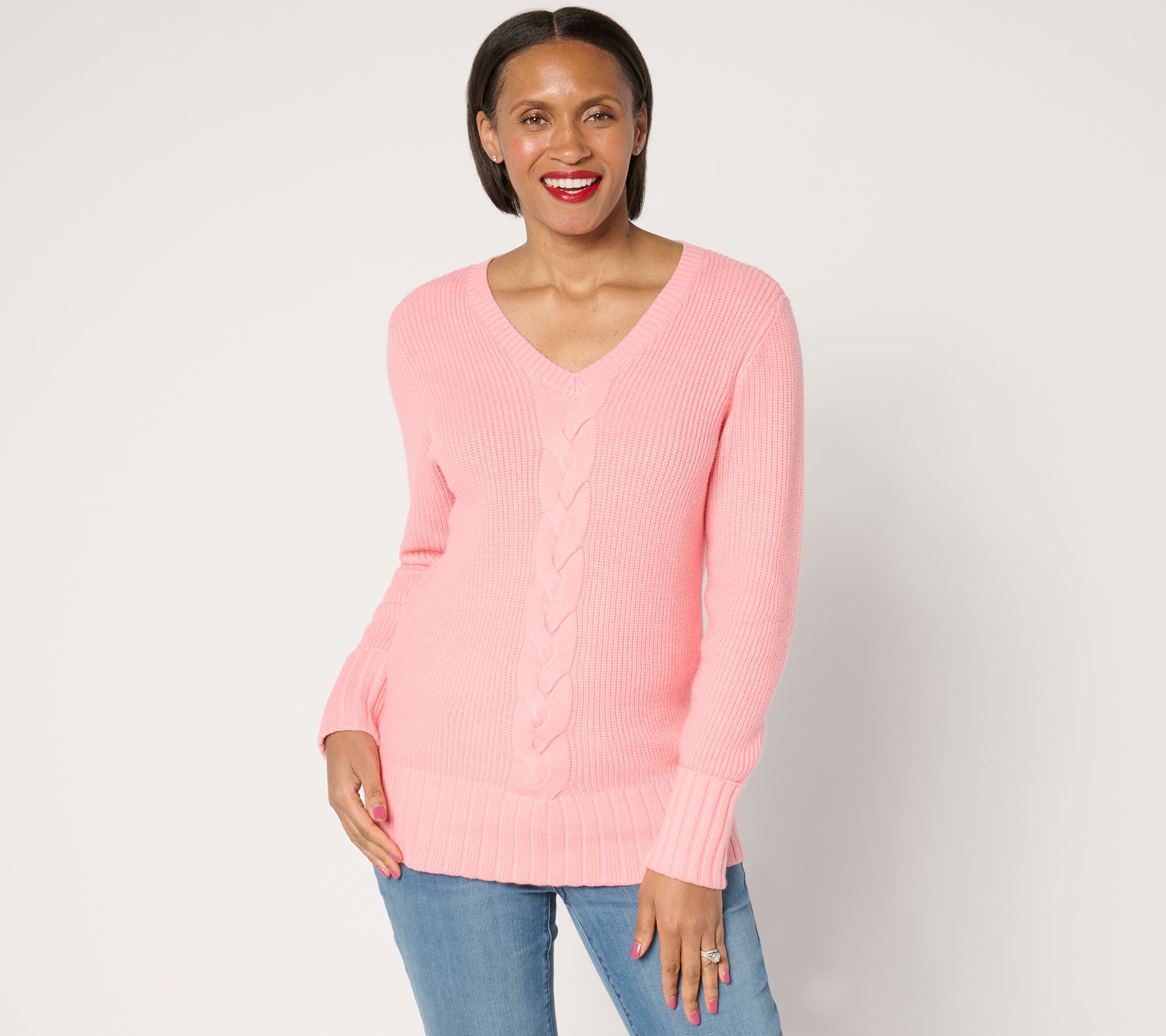 "As Is" Denim & Co.Soft Knit V-Neck Cable Sweater