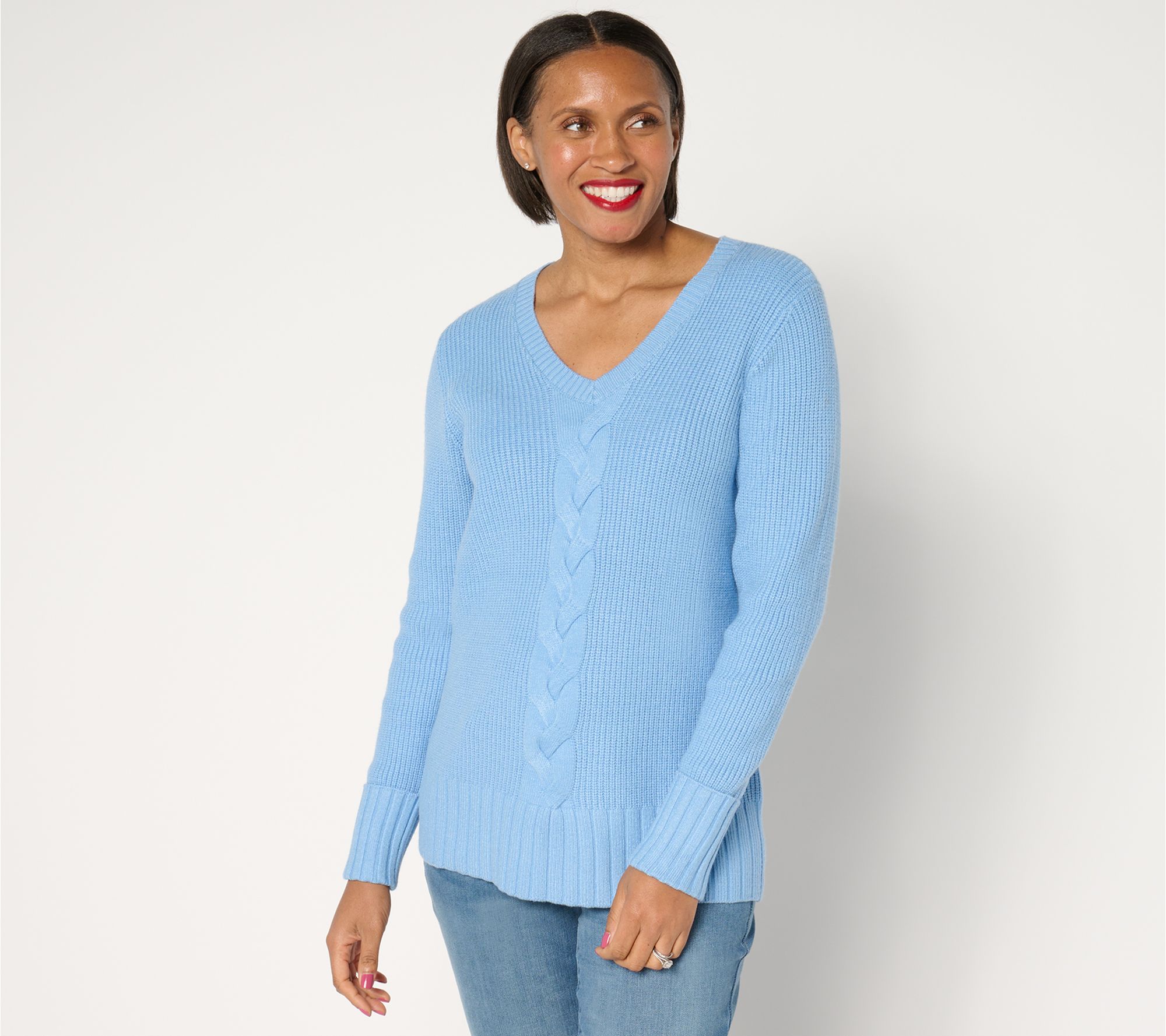 "As Is" Denim & Co.Soft Knit V-Neck Cable Sweater