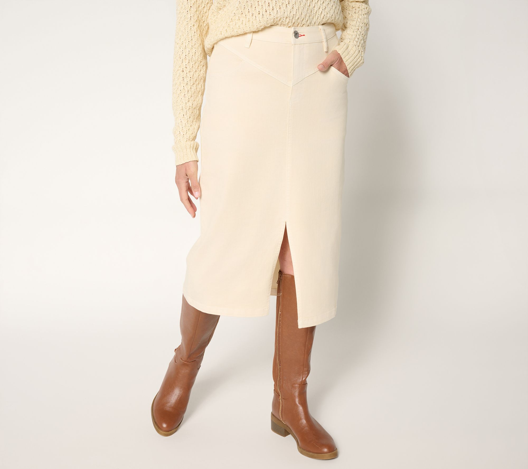 Peace Love World Petite V-Yoke Denim Midi Skirt