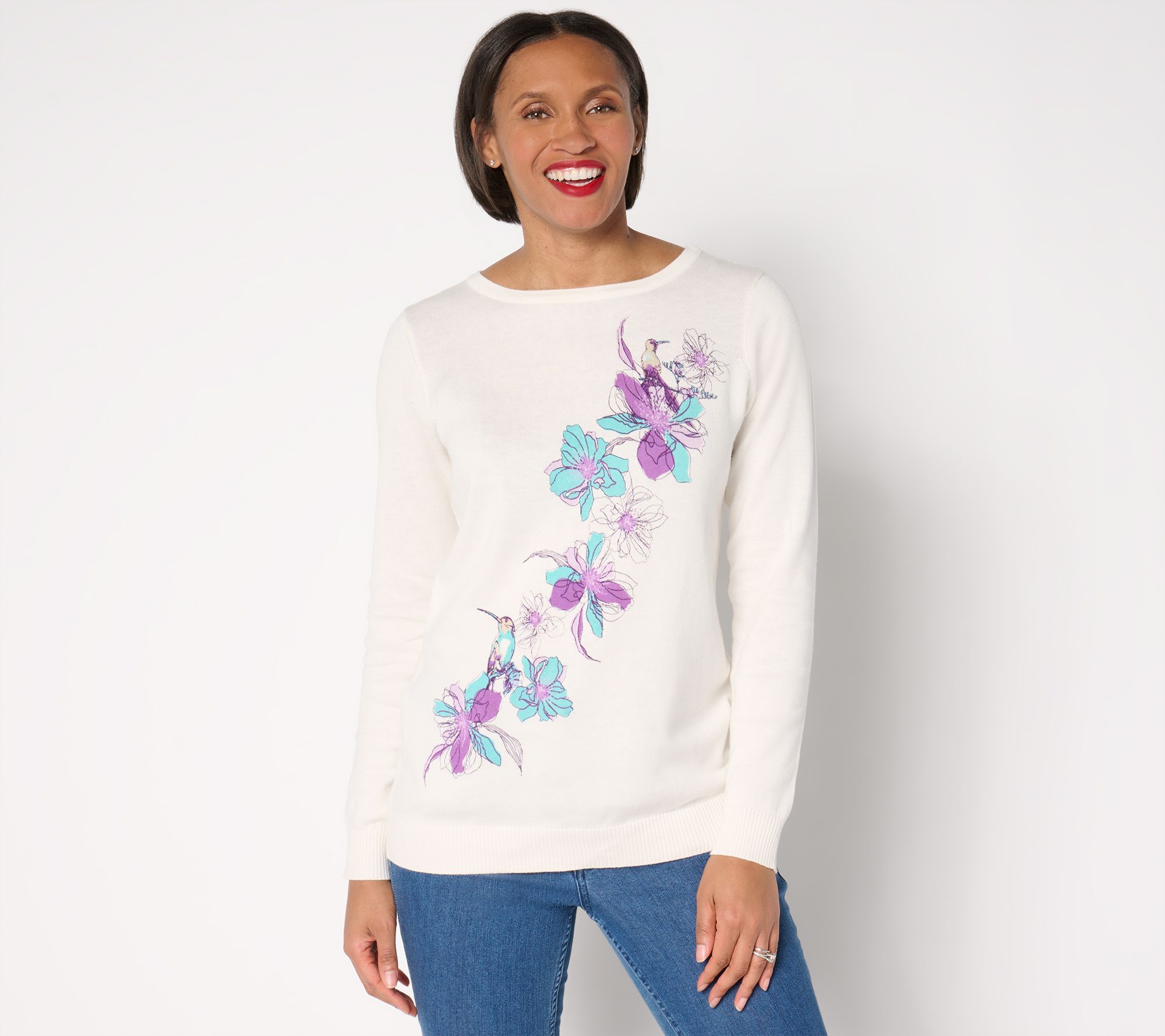 "As Is" Denim & Co. Placed Print Long Sleeve Boatneck Sweater