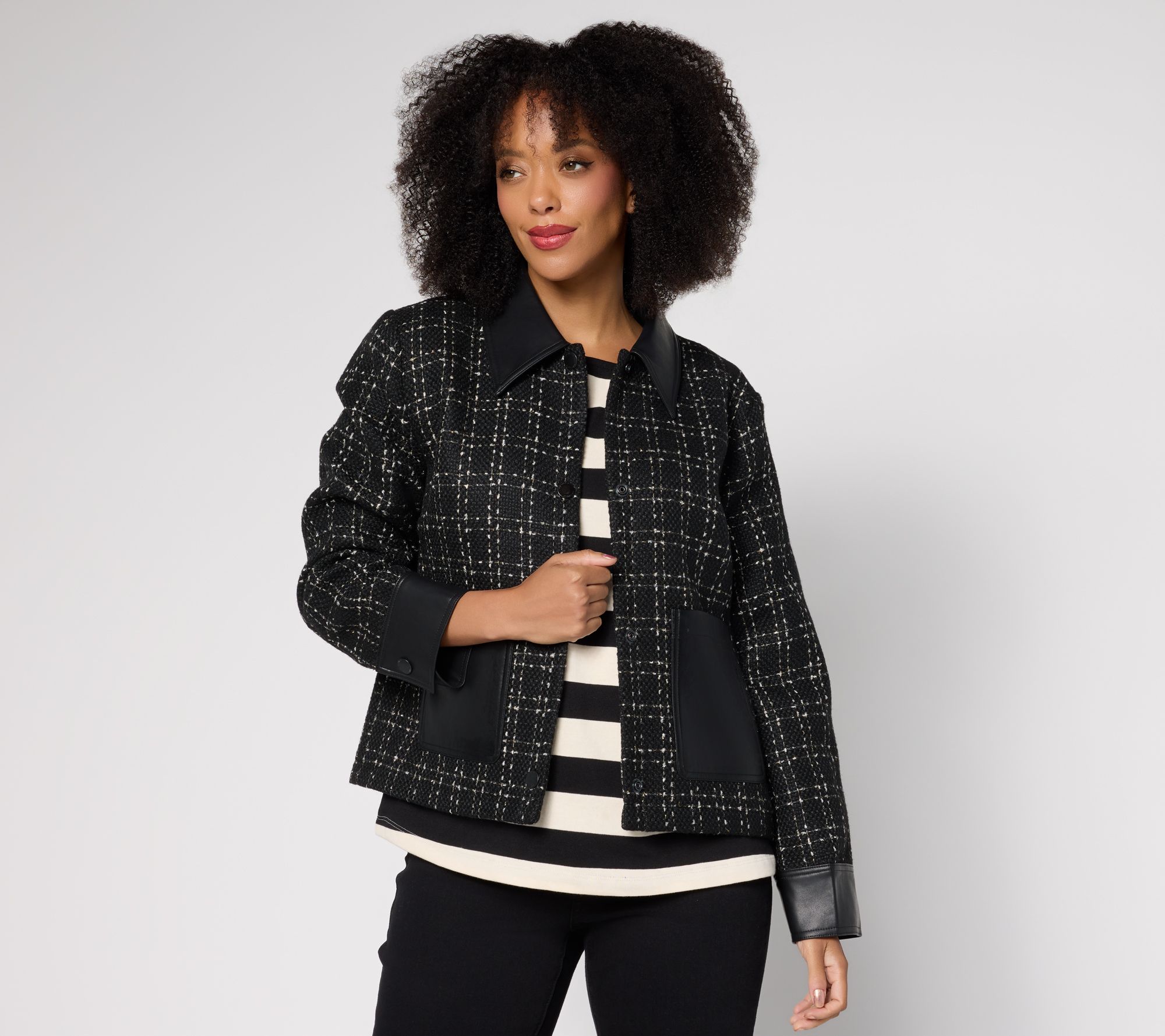 RM Studio x Rebecca Minkoff Plaid Tweed Jacket with Faux Leather