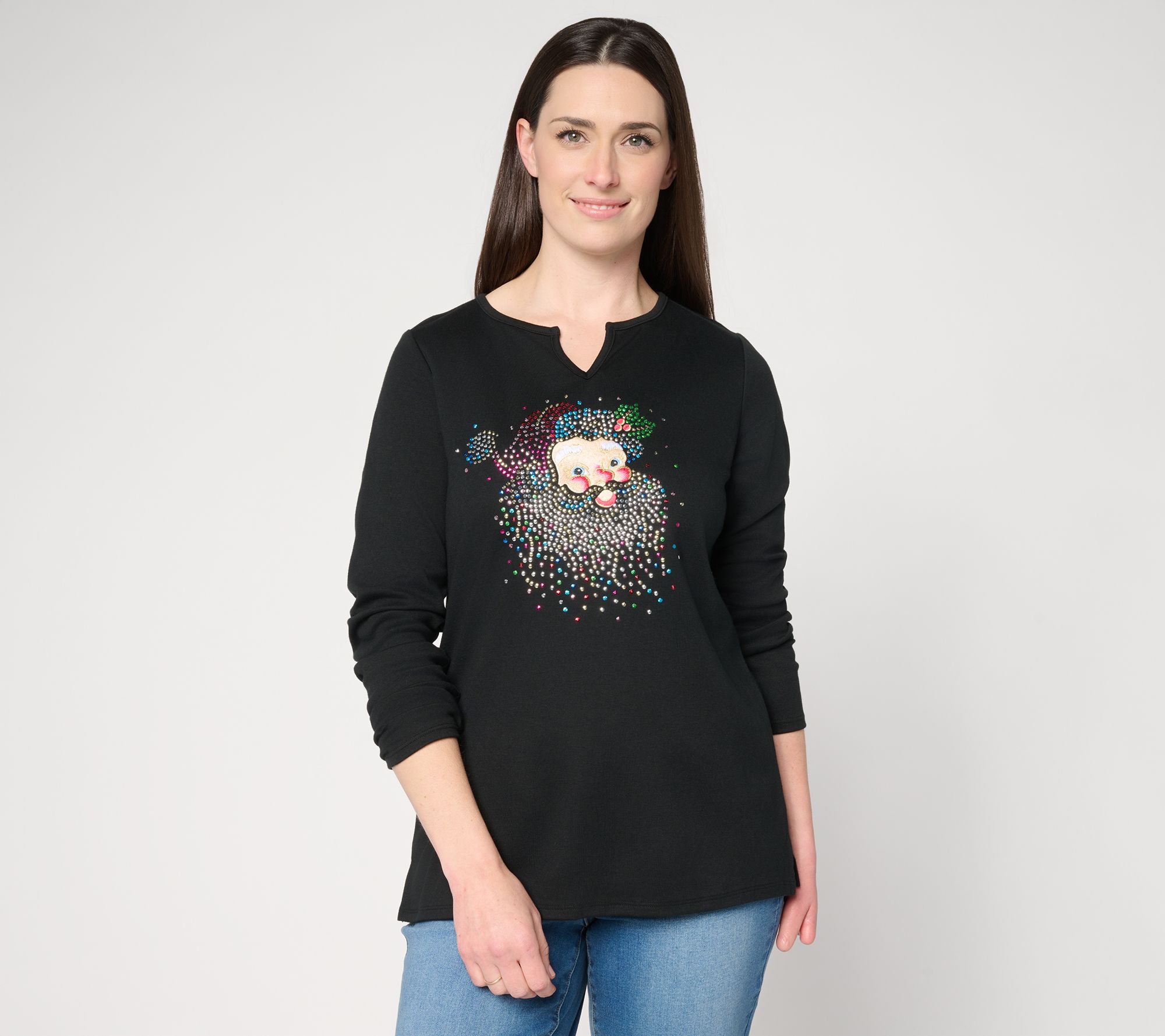 Quacker Factory Tis the Season Split Neck Long Sleeve Top
