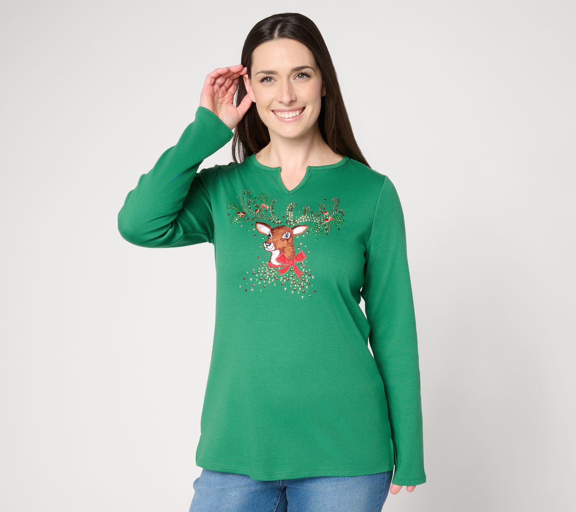 Quacker Factory Tis the Season Split Neck Long Sleeve Top
