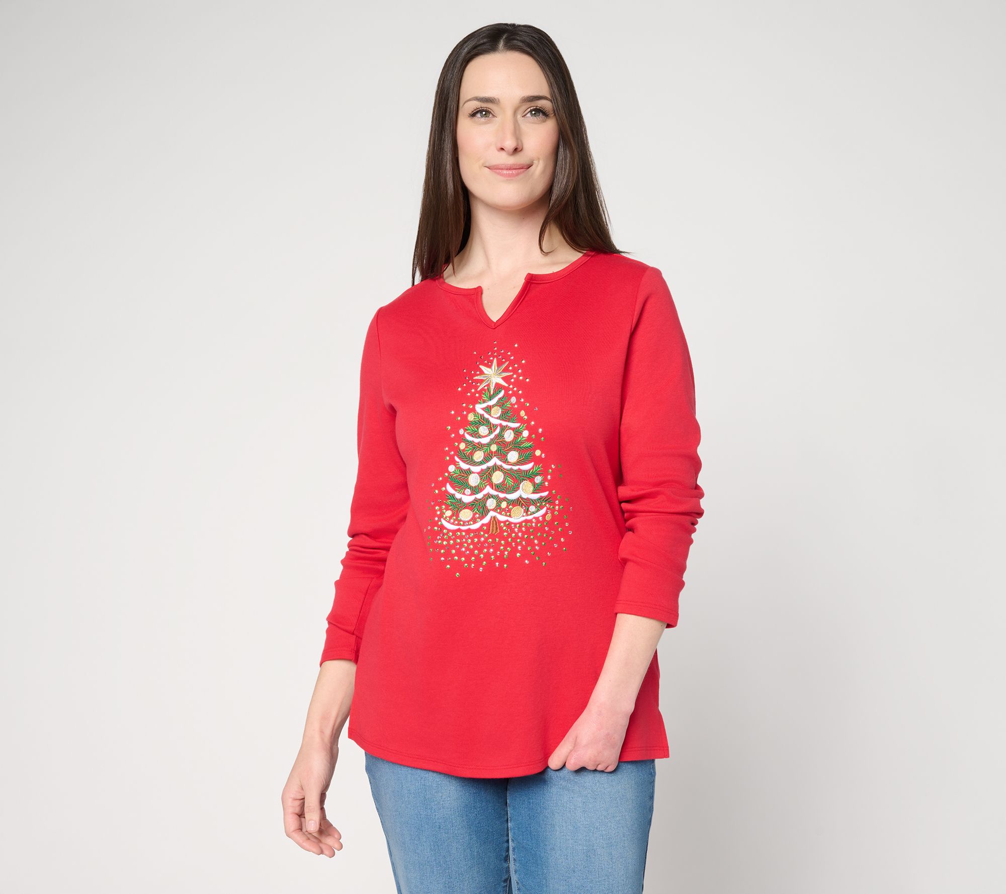 Quacker Factory Tis the Season Split Neck Long Sleeve Top