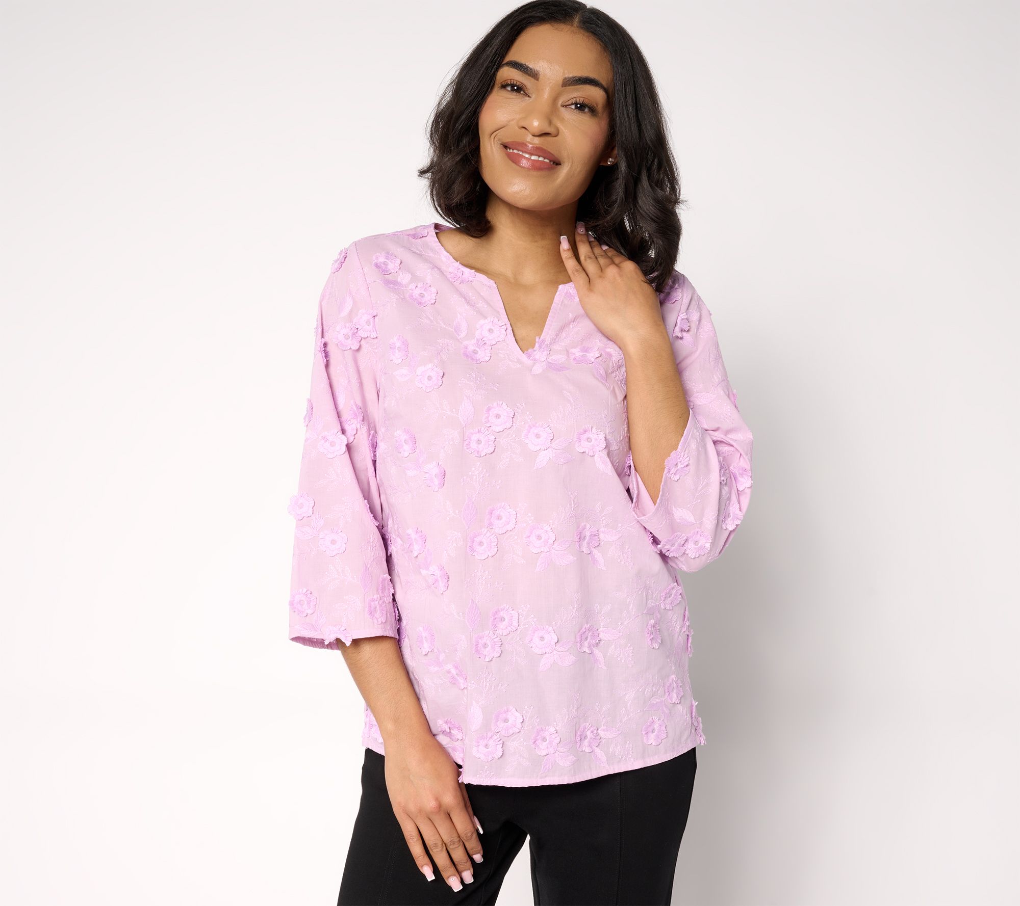 "As Is" Isaac Mizrahi Live! Embroidered Cotton Split Neck Blouse