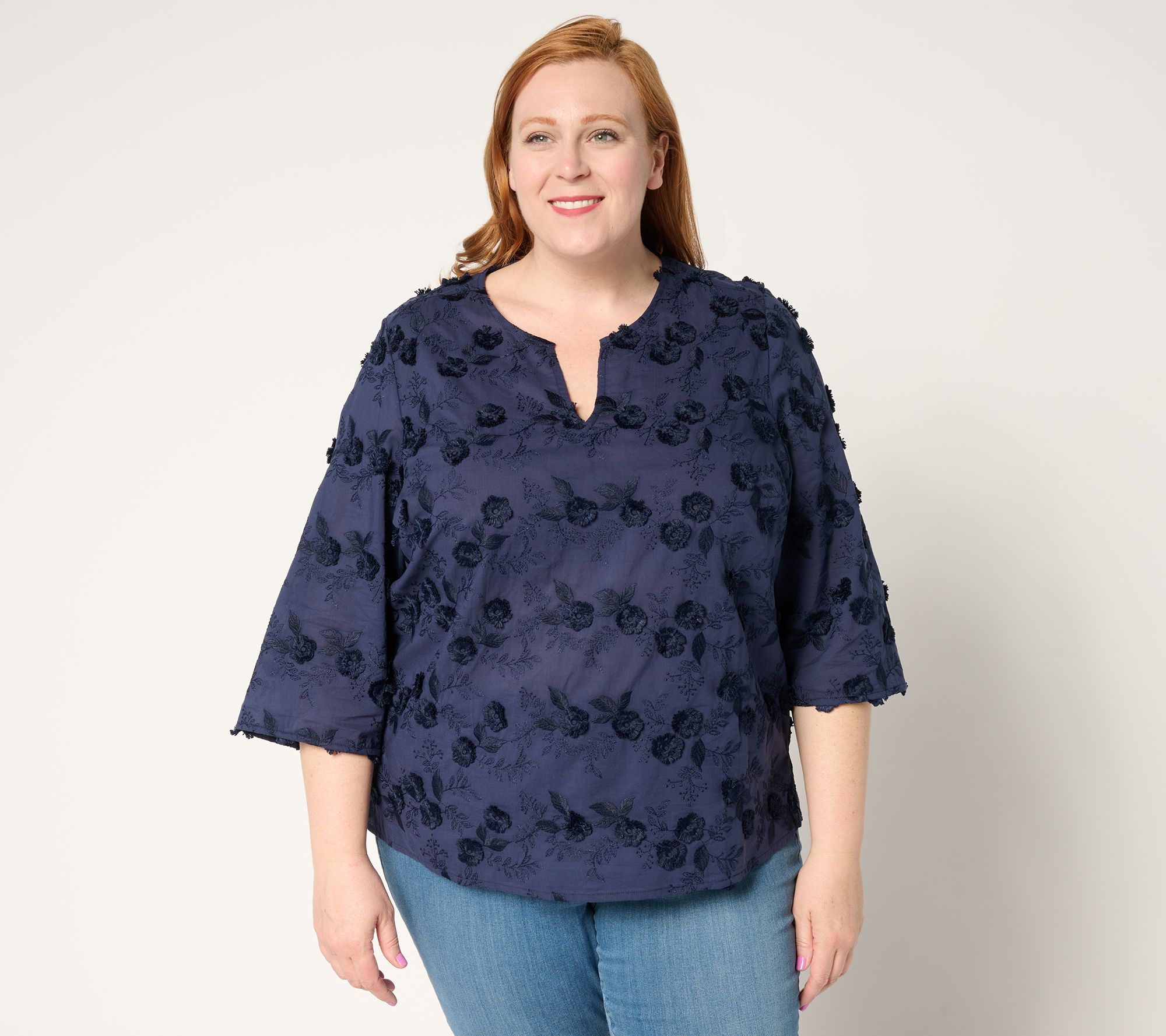 "As Is" Isaac Mizrahi Live! Embroidered Cotton Split Neck Blouse