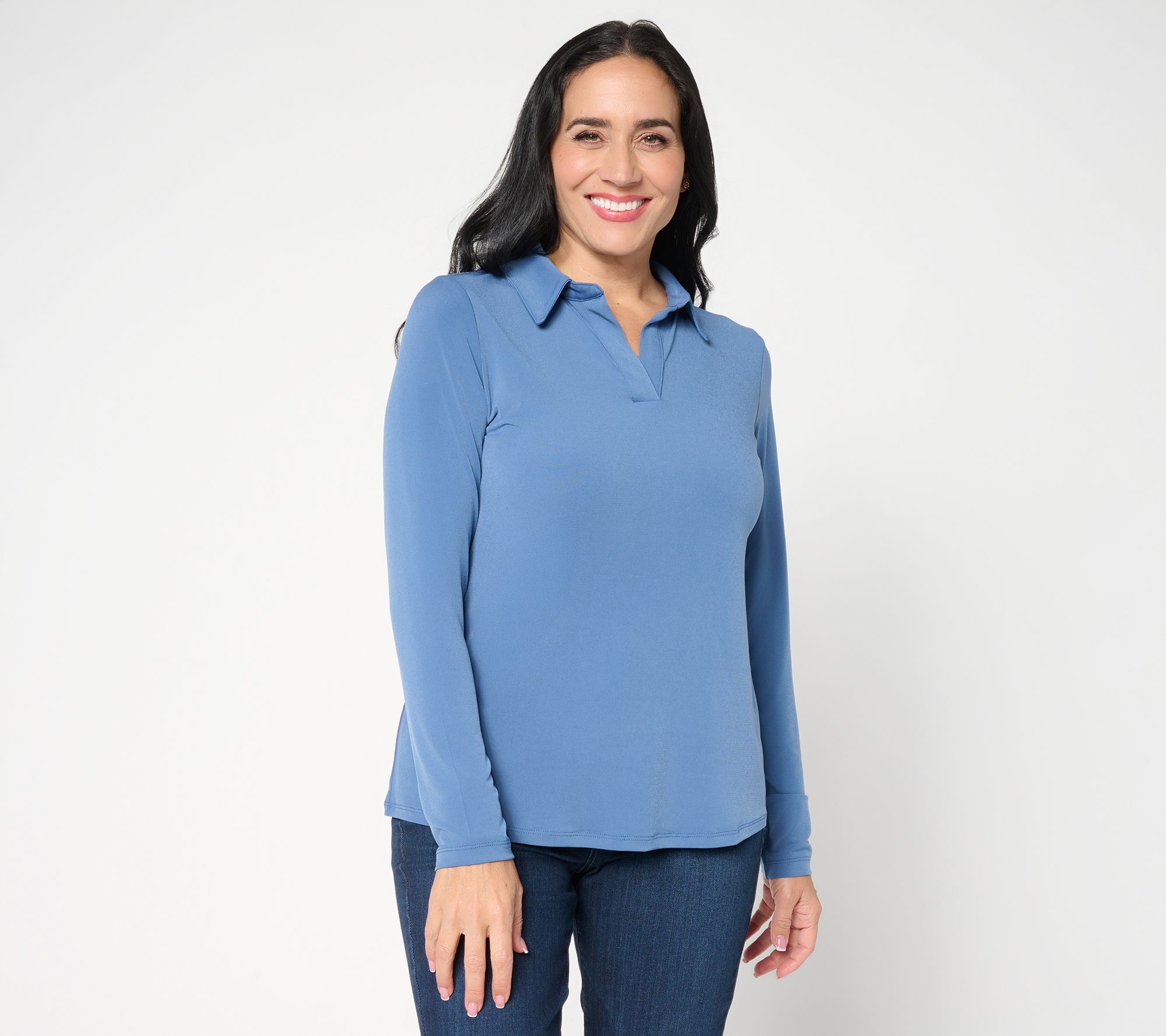 Susan Graver Liquid Knit Pullover Henley Top with Shirttail