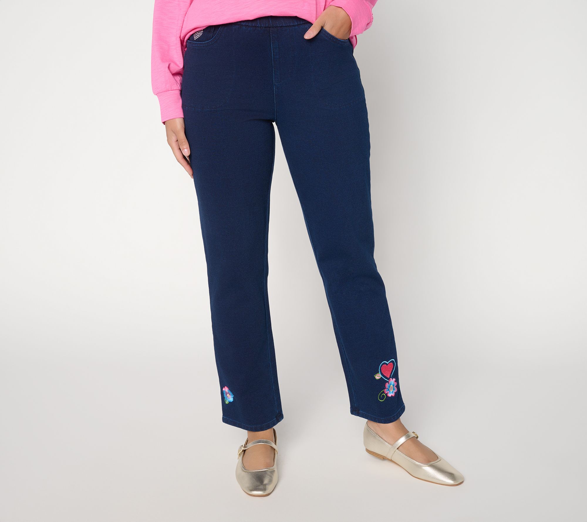 Quacker Factory Be Mine Short Embrodiered Slim Straight Pant