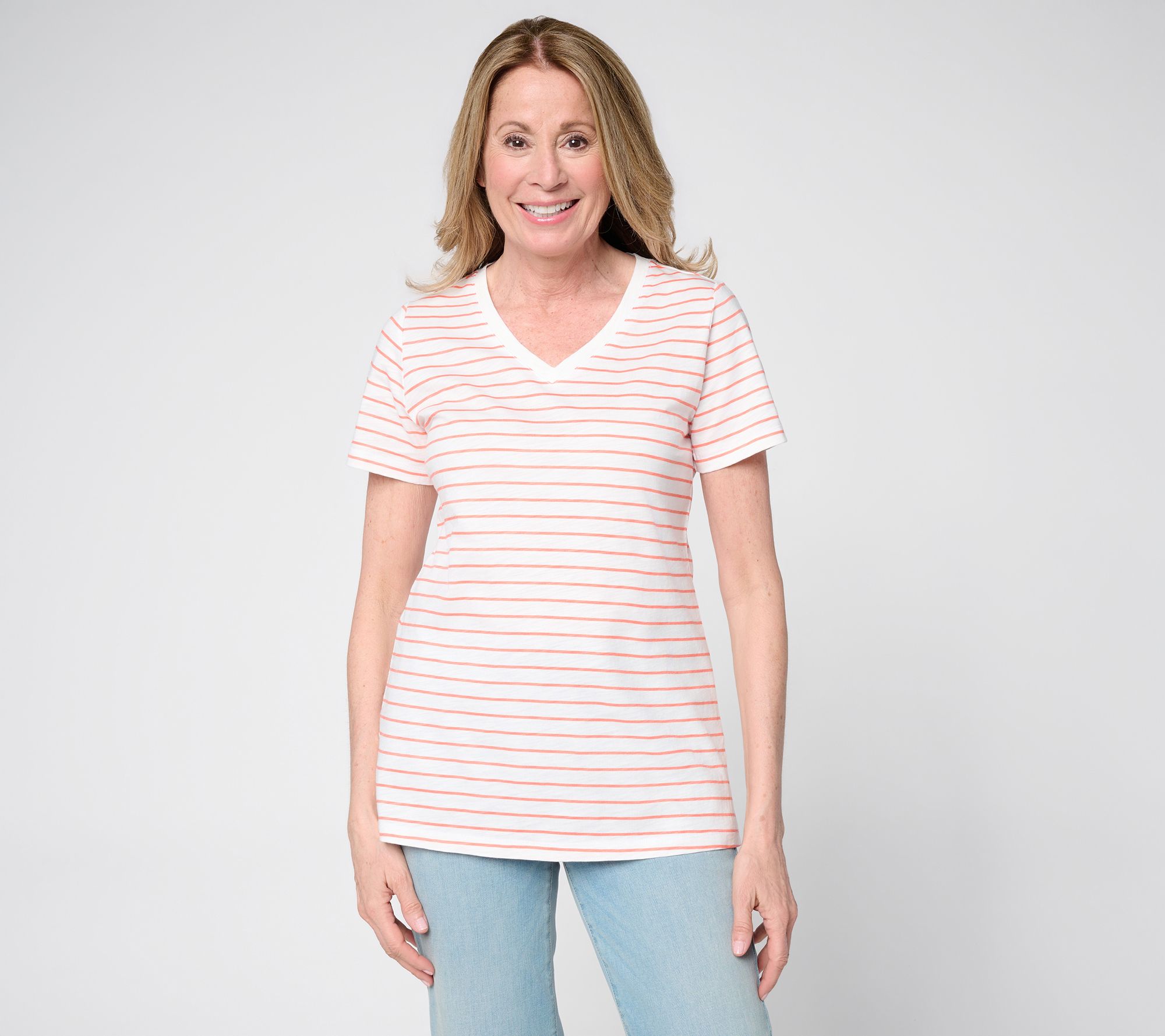  Belle by Kim Gravel Slub Knit Striped V Neck Top