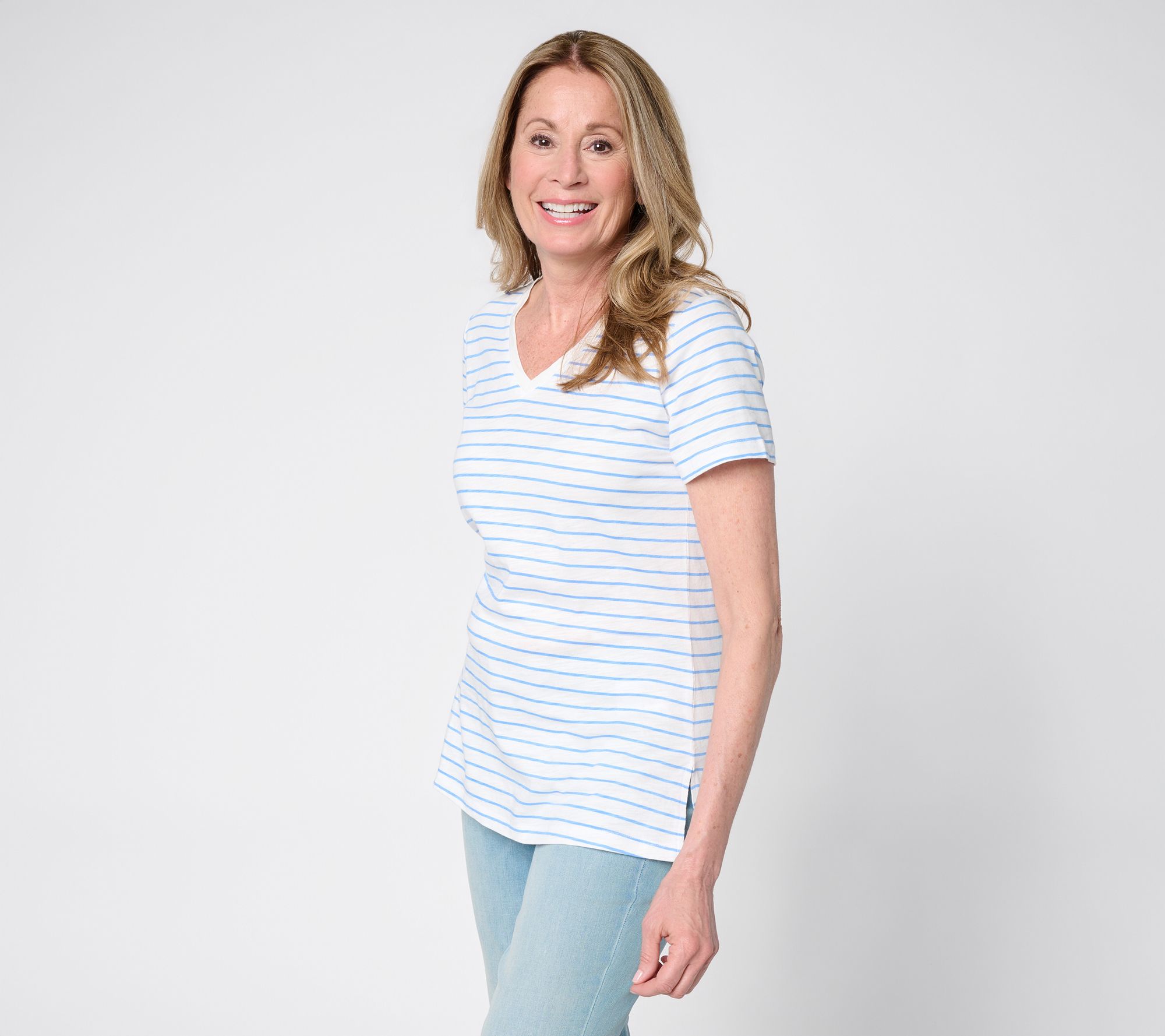 Belle by Kim Gravel Slub Knit Striped V Neck Top