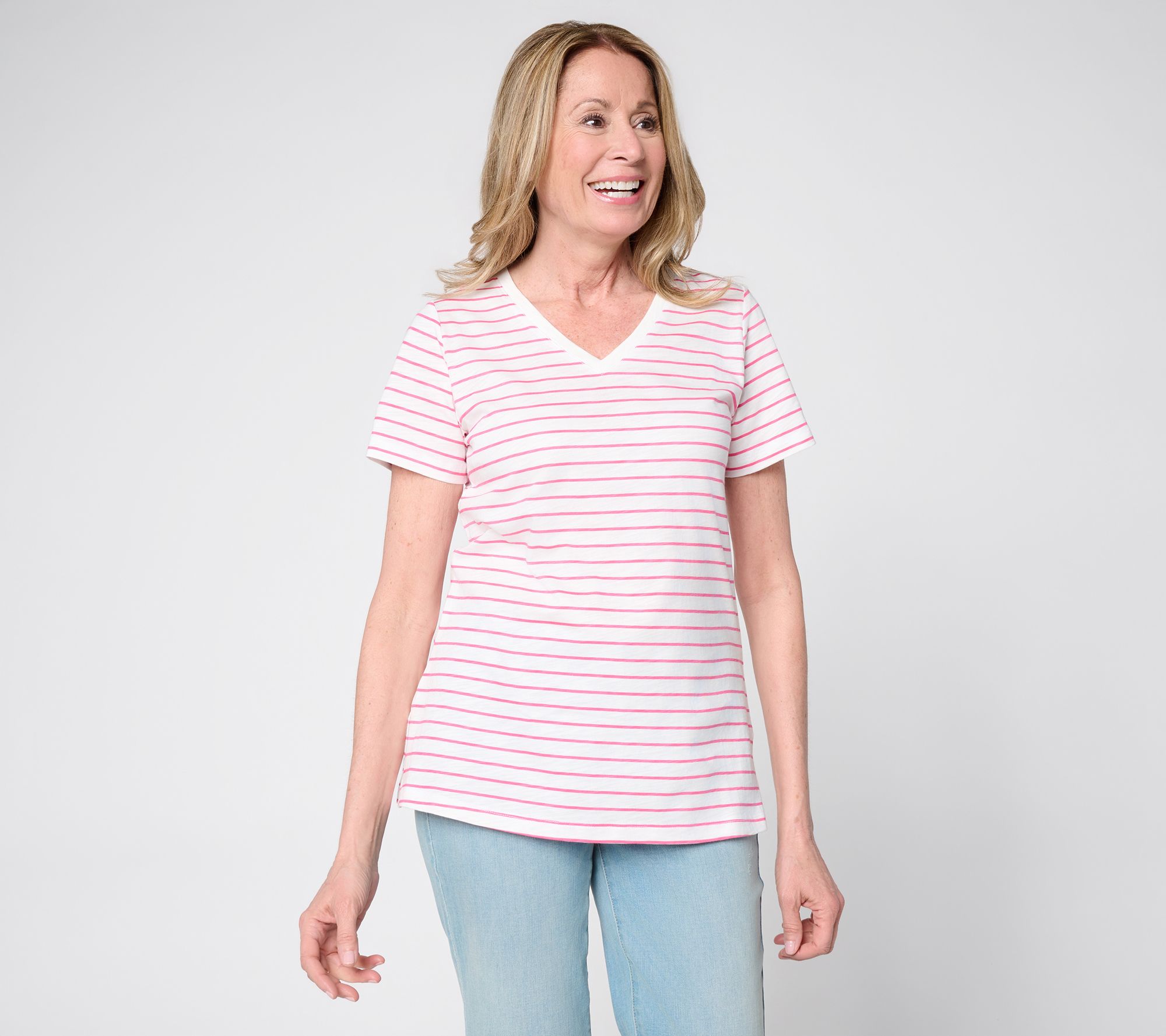 Belle by Kim Gravel Slub Knit Striped V Neck Top