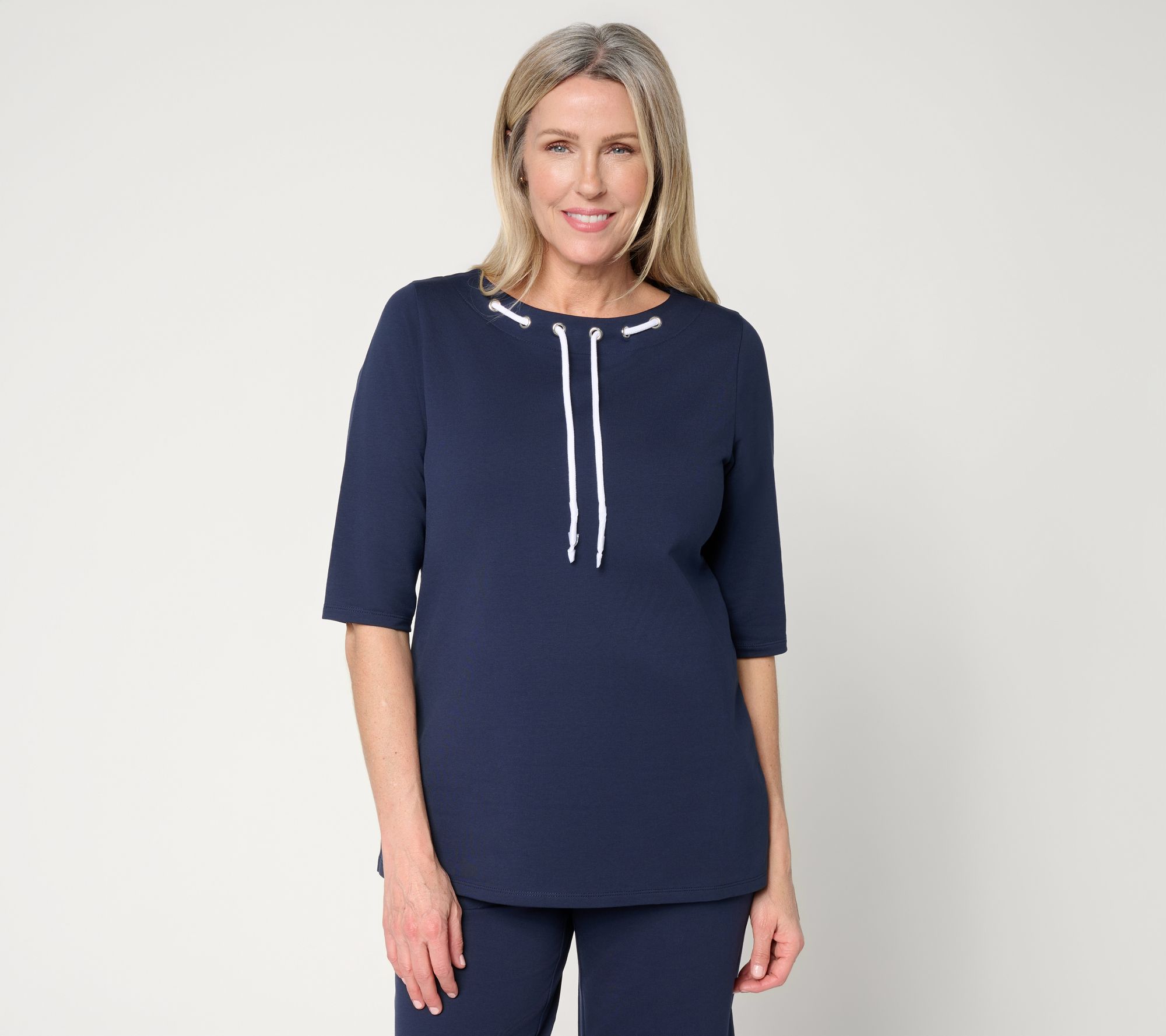 Denim & Co. Active French Terry Elbow Sleeve Boat Neck Top