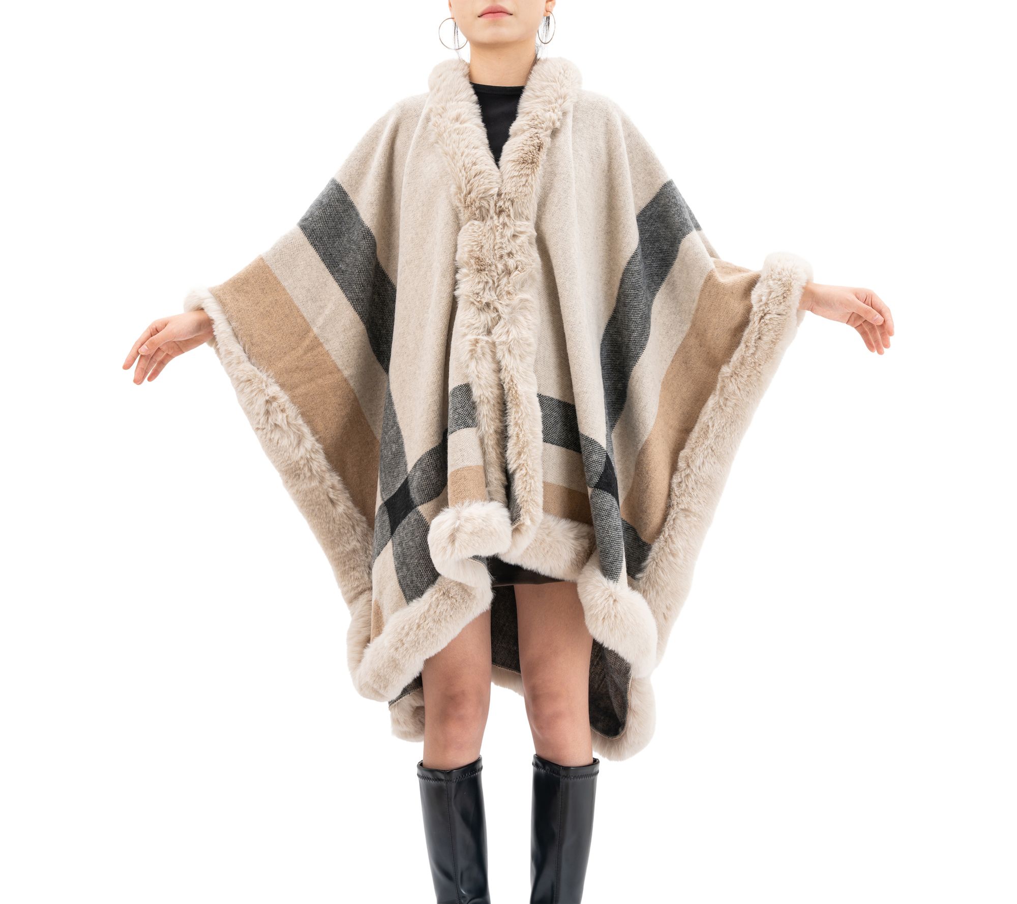 Karla Hanson Savannah Drape Faux Fur Plaid Ruana