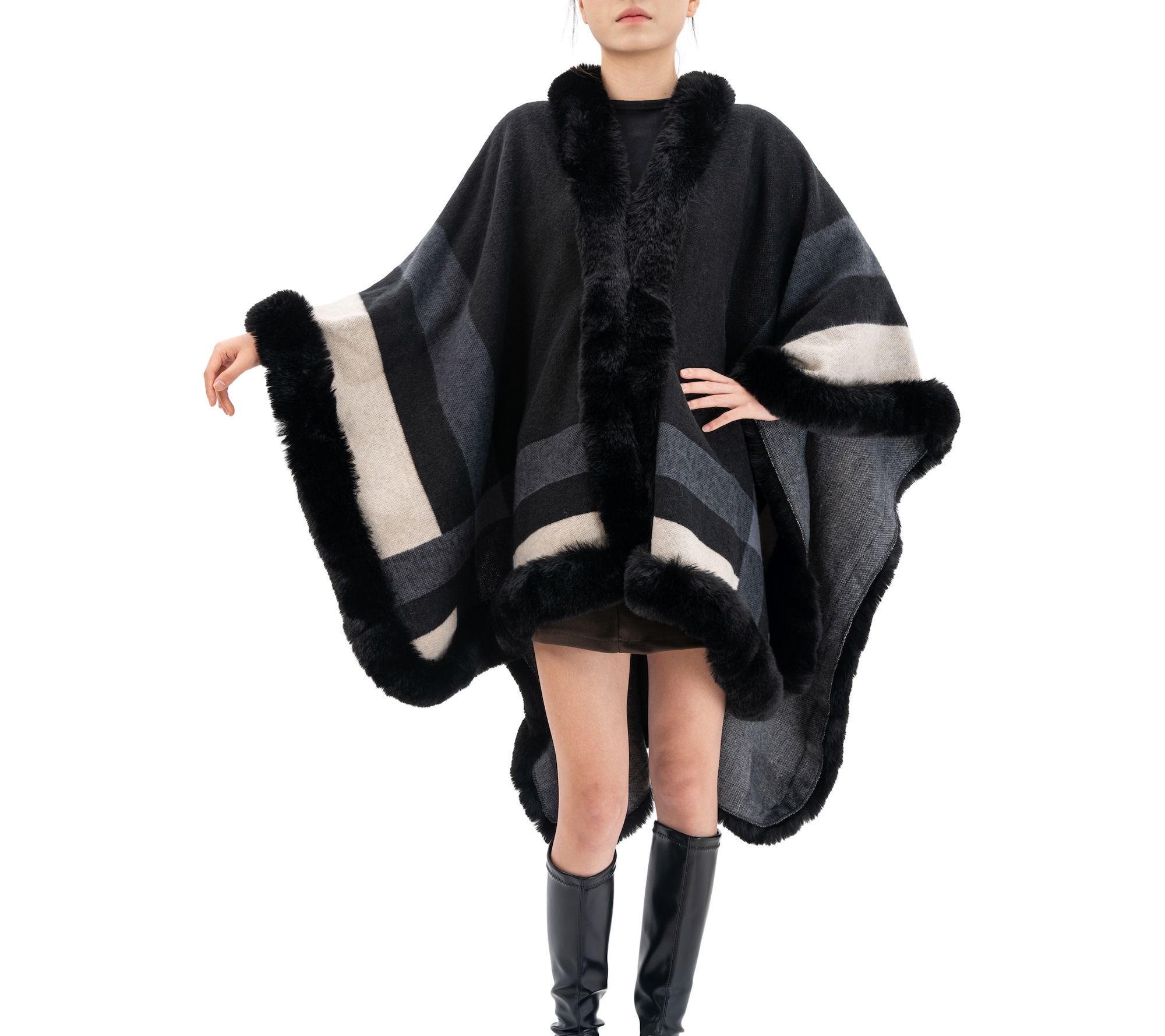 Karla Hanson Savannah Drape Faux Fur Plaid Ruana