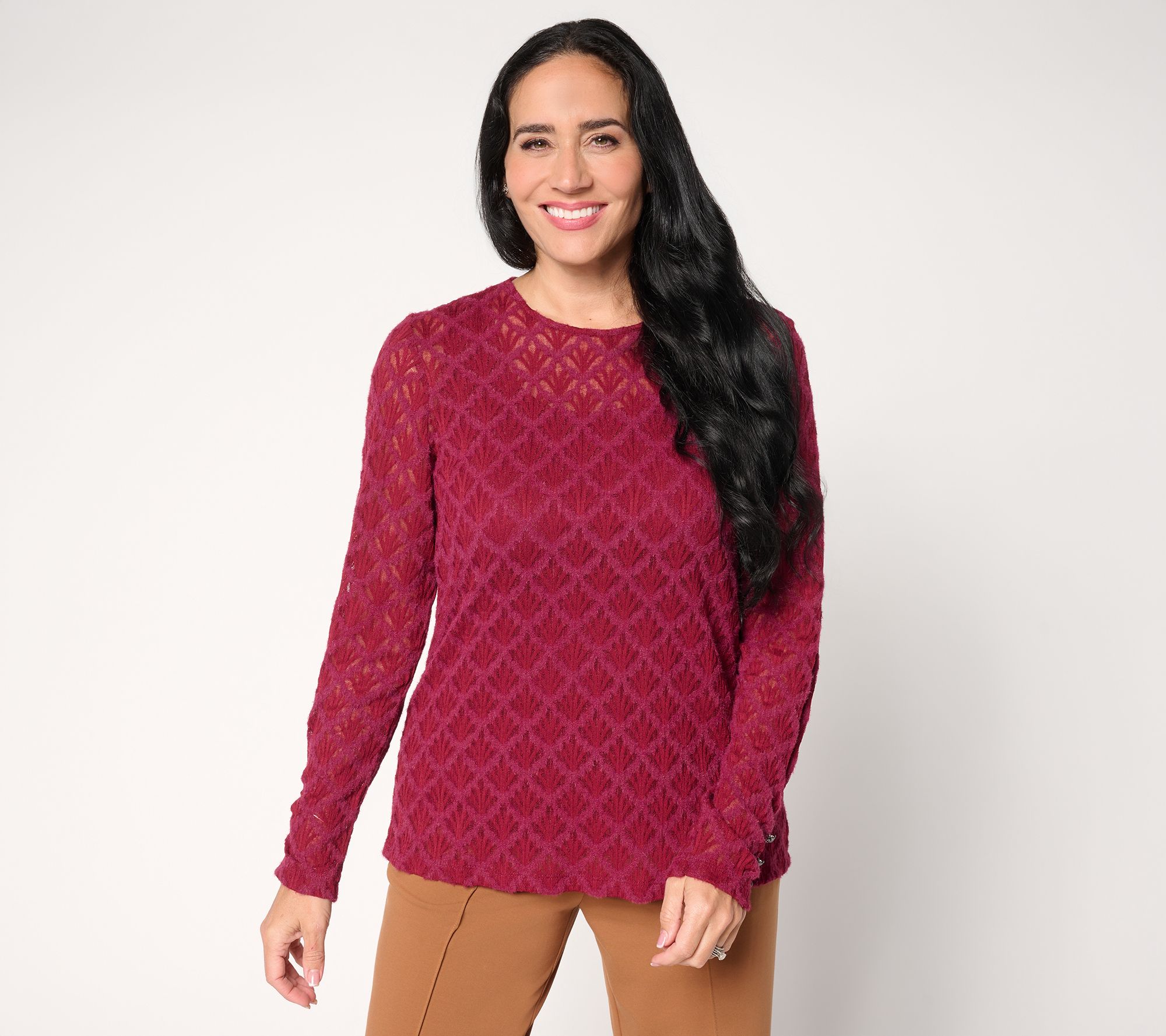 "As Is" Susan Graver Knit Lace Crew Neck Long-Sleeve Top