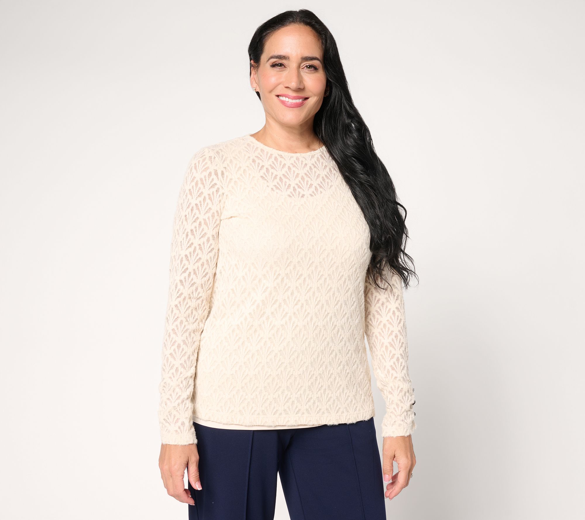 "As Is" Susan Graver Knit Lace Crew Neck Long-Sleeve Top
