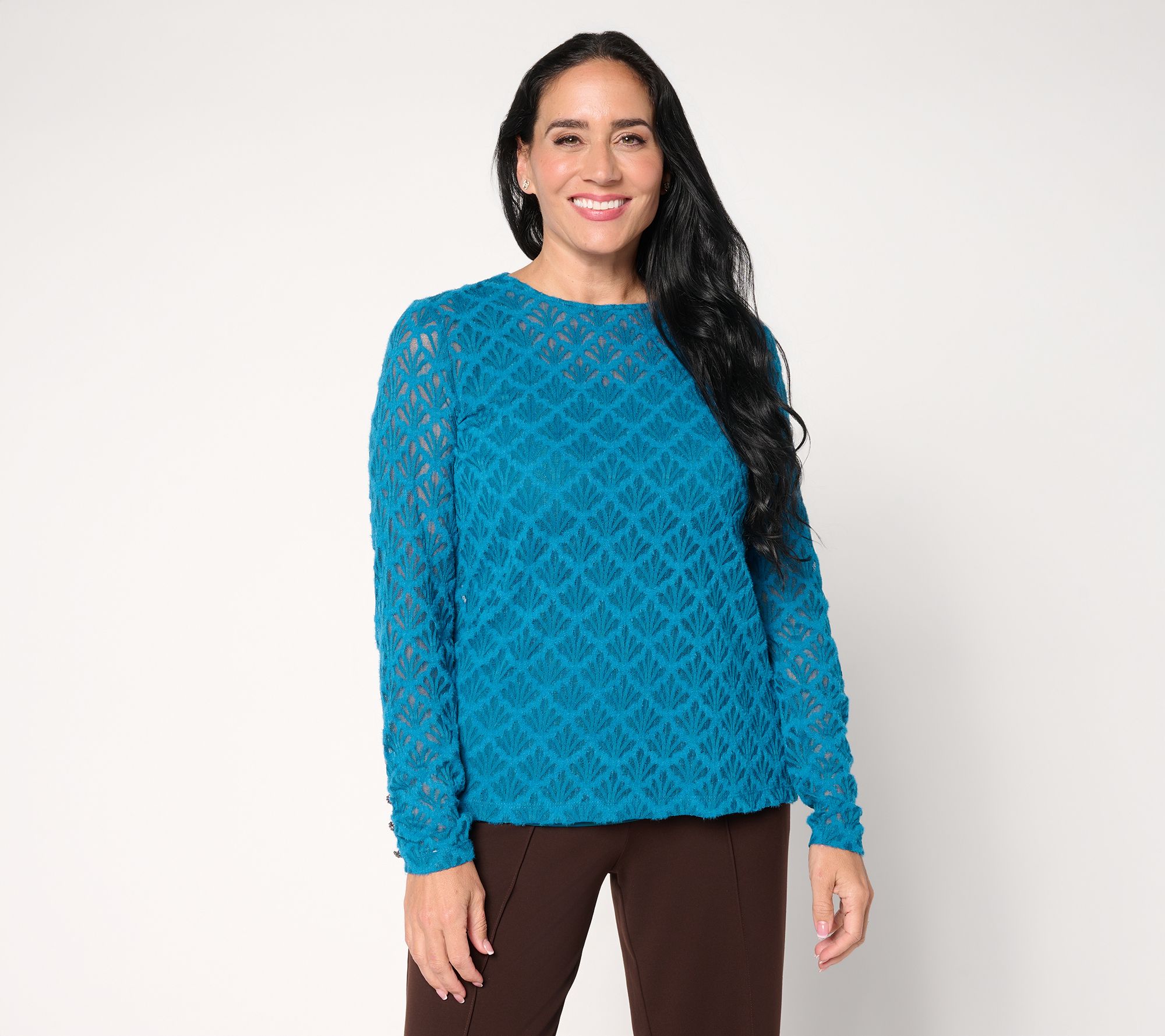 "As Is" Susan Graver Knit Lace Crew Neck Long-Sleeve Top