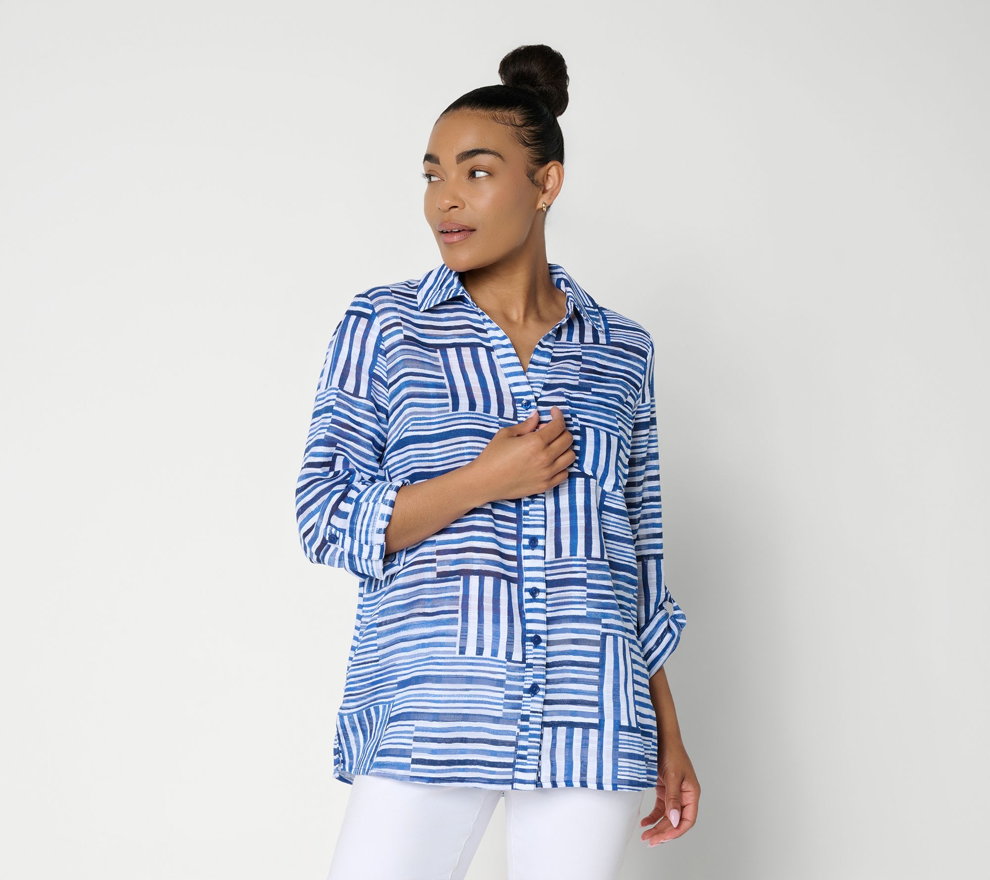 Joan Rivers Petite Button Front Boyfriend Fit Striped Tunic