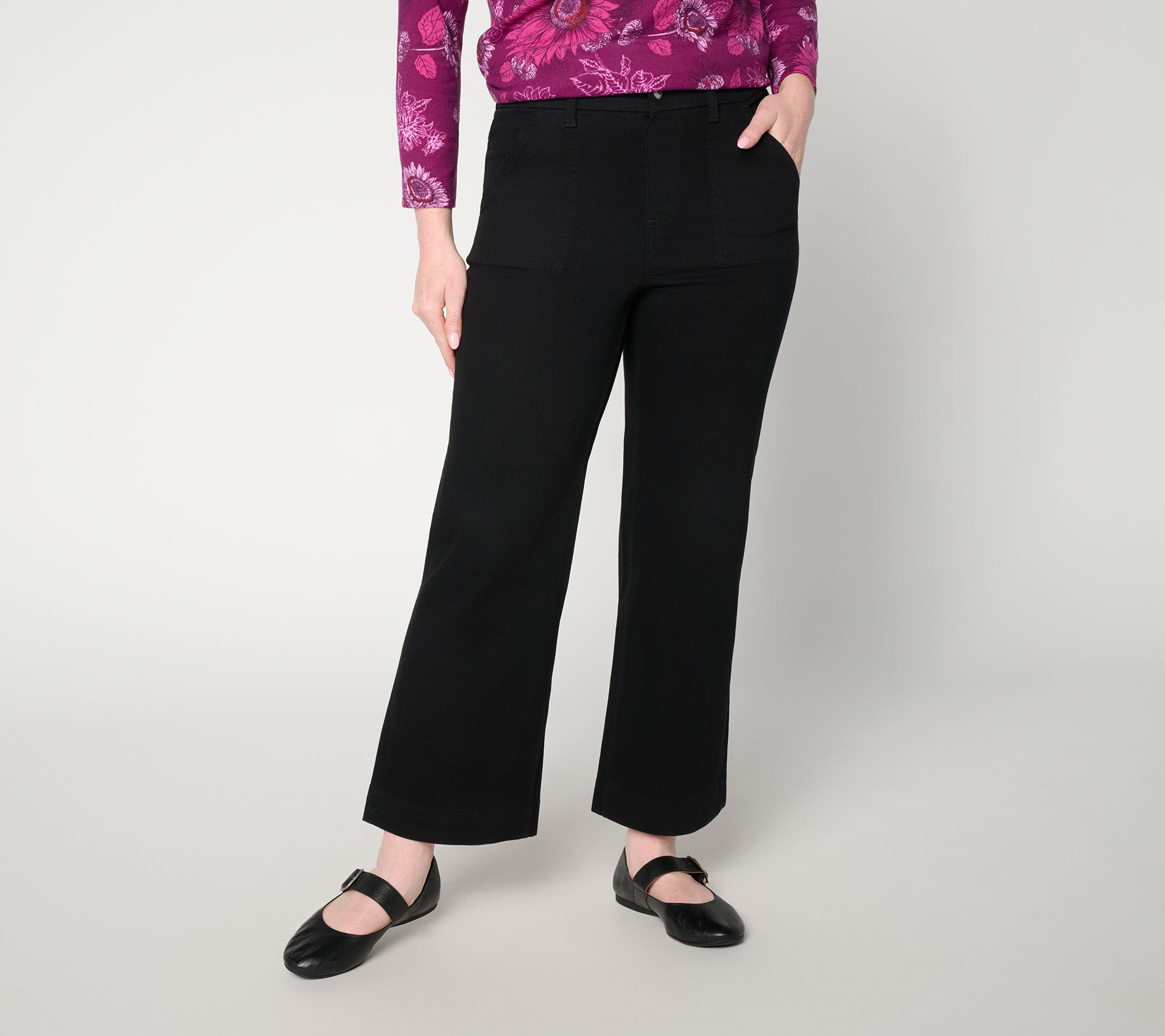Denim & Co. Petite Black So Soft Denim Wide Leg Ankle Jeans