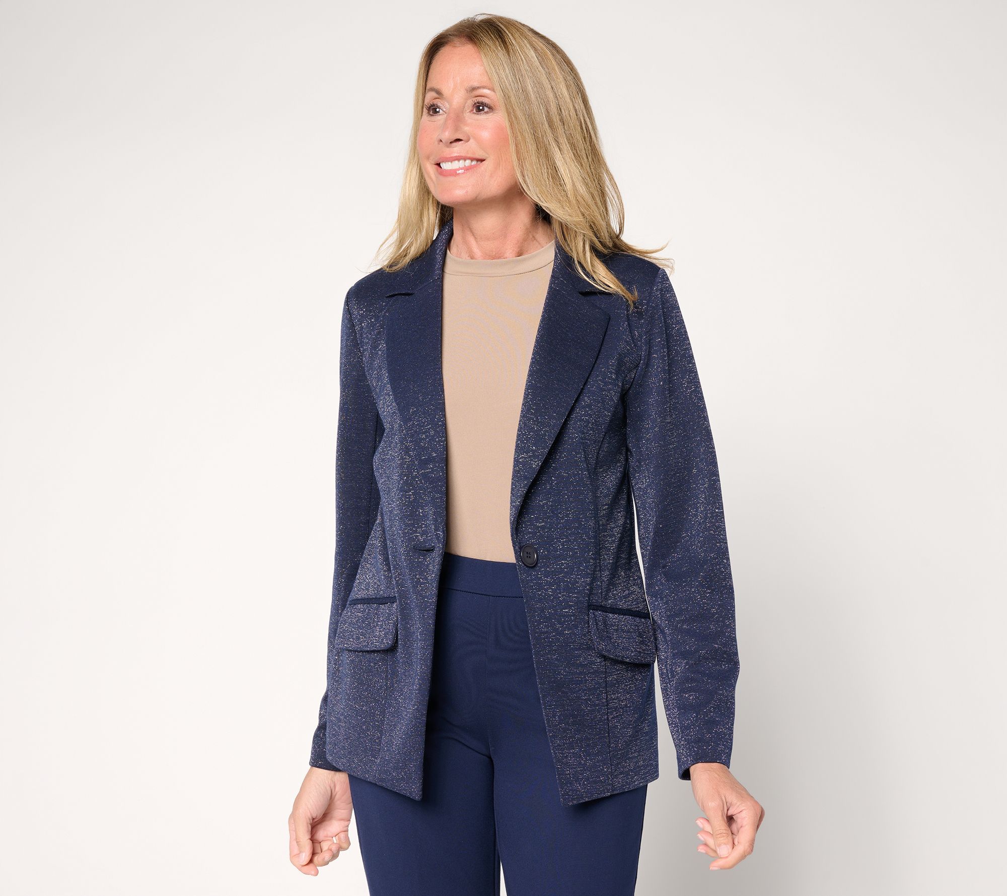 "As Is" Susan Graver Regular Soft Metallic Knit Notch Collar Blazer