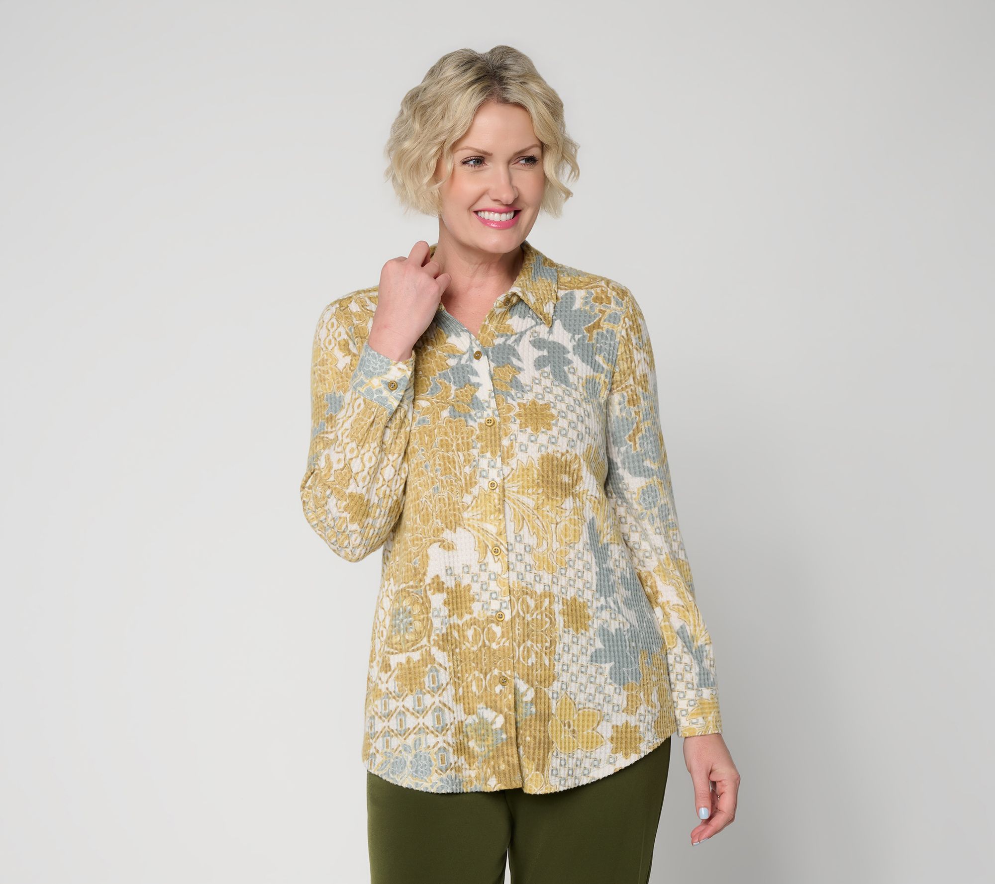 Susan Graver Petite Printed Brushed Waffle Knit Button Front Tunic