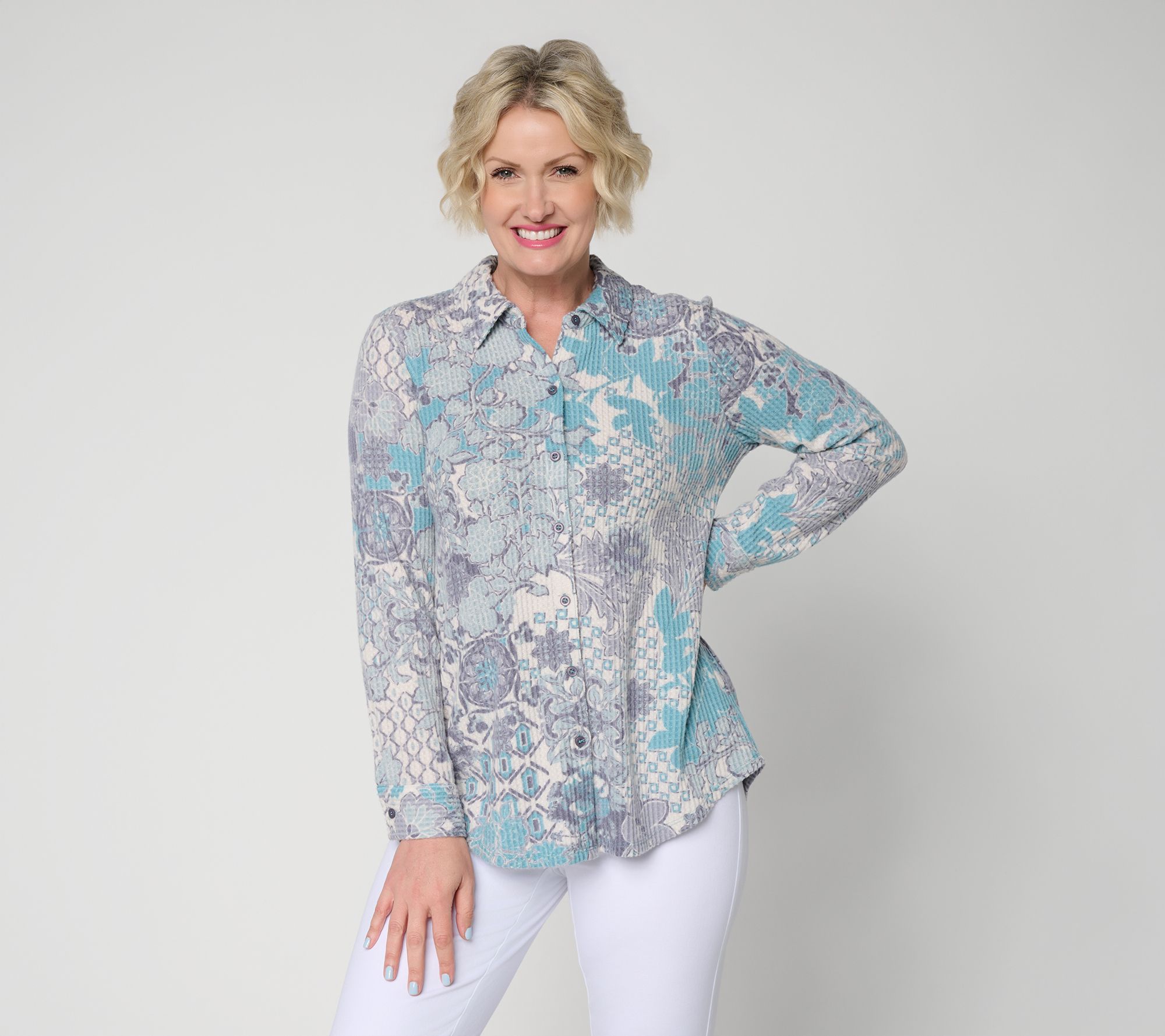 Susan Graver Petite Printed Brushed Waffle Knit Button Front Tunic