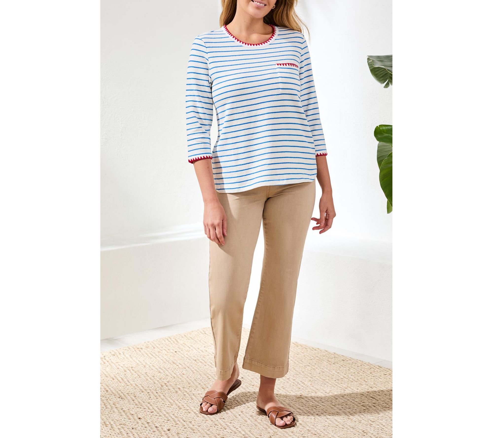 Tribal Textured Stripe Knit 3/4 Sleeve Crew Neck Top