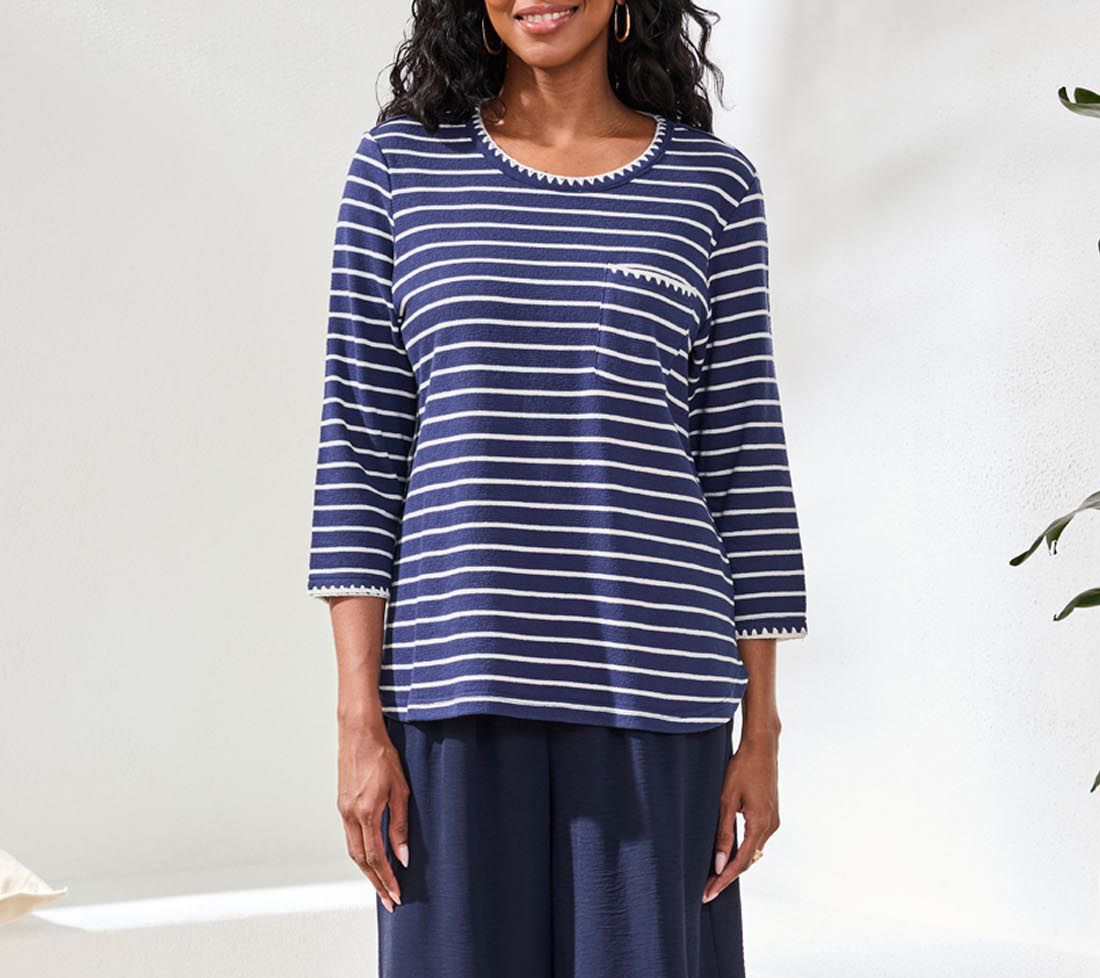 Tribal Textured Stripe Knit 3/4 Sleeve Crew Neck Top