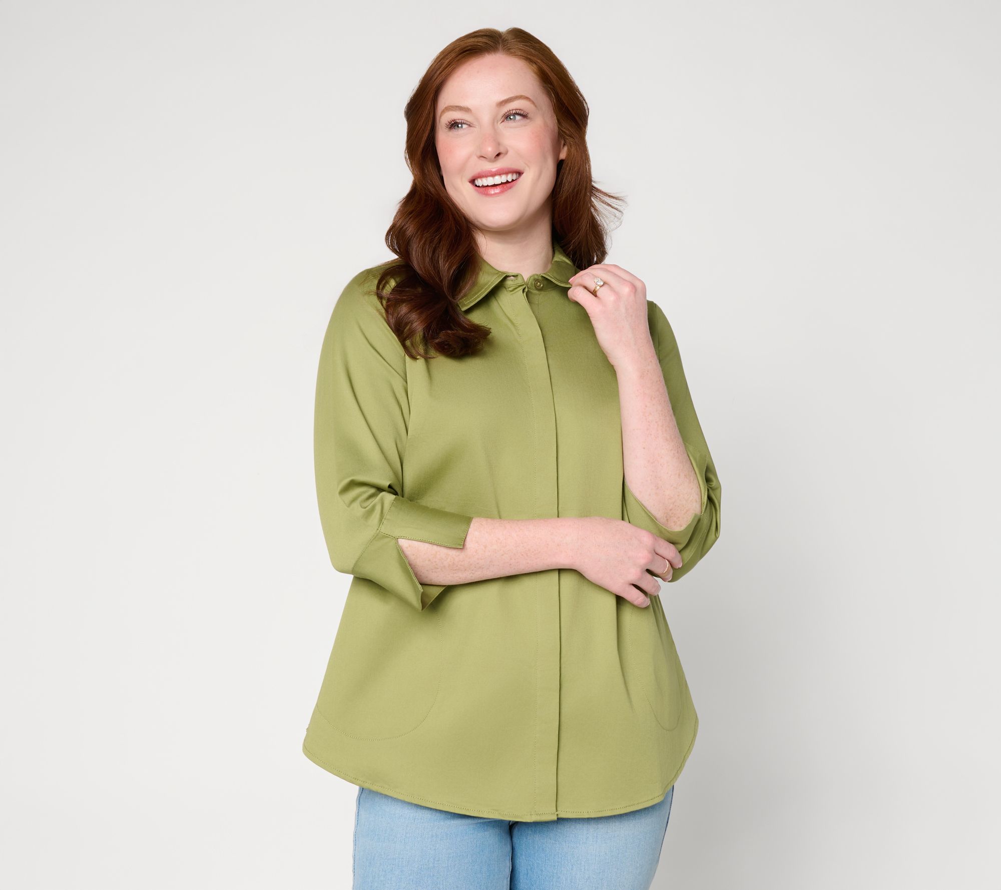 "As Is" Joan Rivers Stretch Cotton Sateen Button-Back Shirt